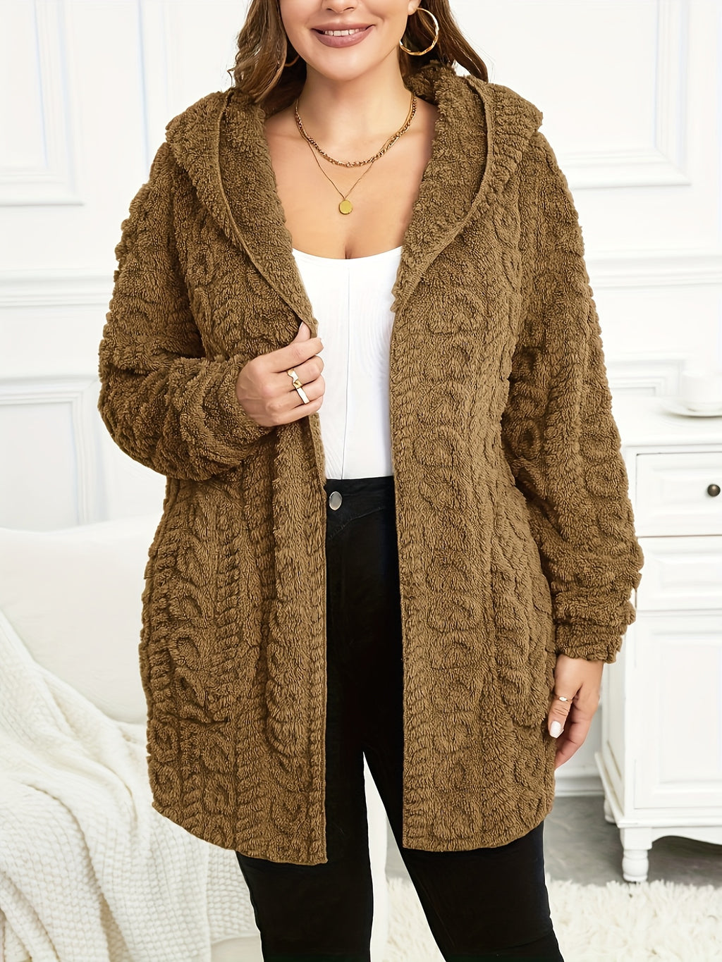 Plus Size, Autumn and Winter Warm Fashion Casual Plush Hooded Cardigan Jacket