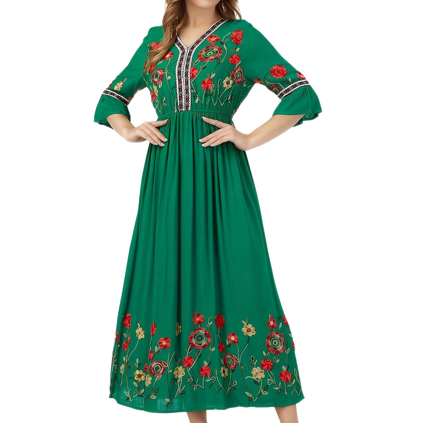Elegant Green Embroidered Maxi Dress with V-Neck and Ruffle Sleeves