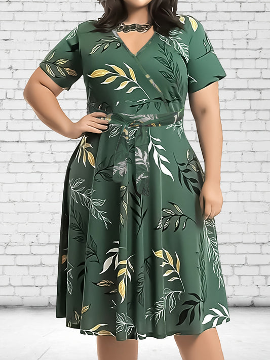 Plus Size Elegant Leaf Print Midi Dress, Short Sleeve