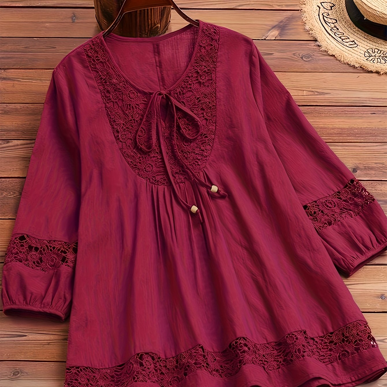 Women's Burgundy Lace Trim Blouse - Non-See-Through Semi-formal Shirt with Tie-like Bow