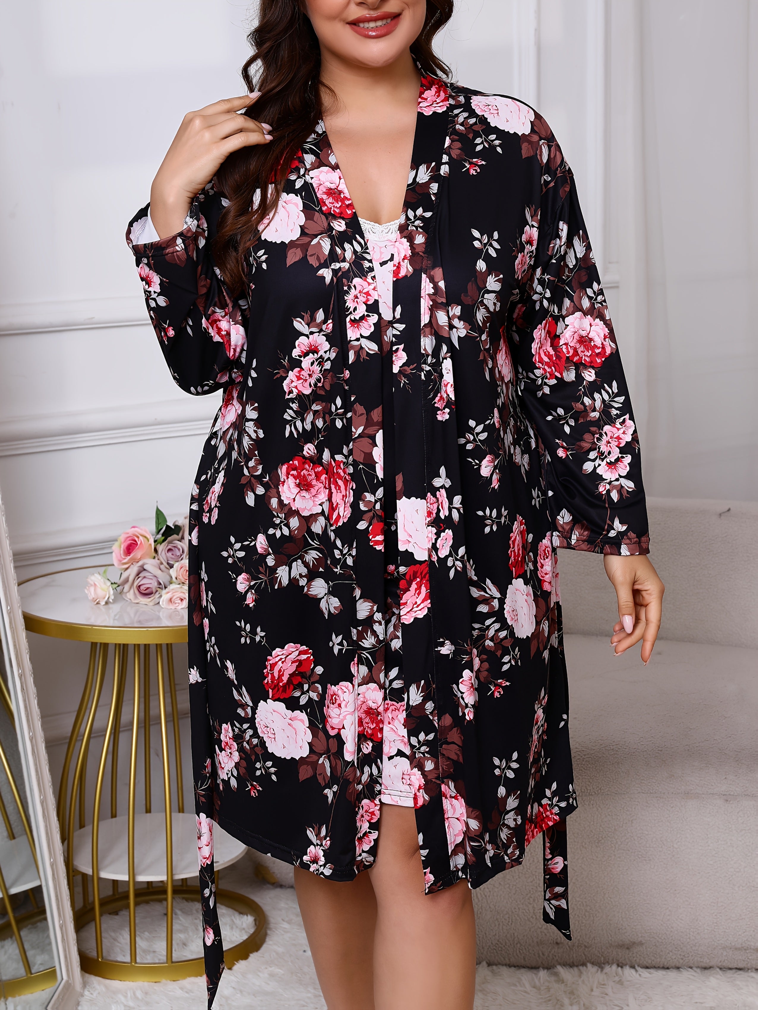 Plus Size Floral Print Sexy Lace Trim Camisole Nightgown with a Matching Tie Robe, a Two-Piece Sleepwear Set.