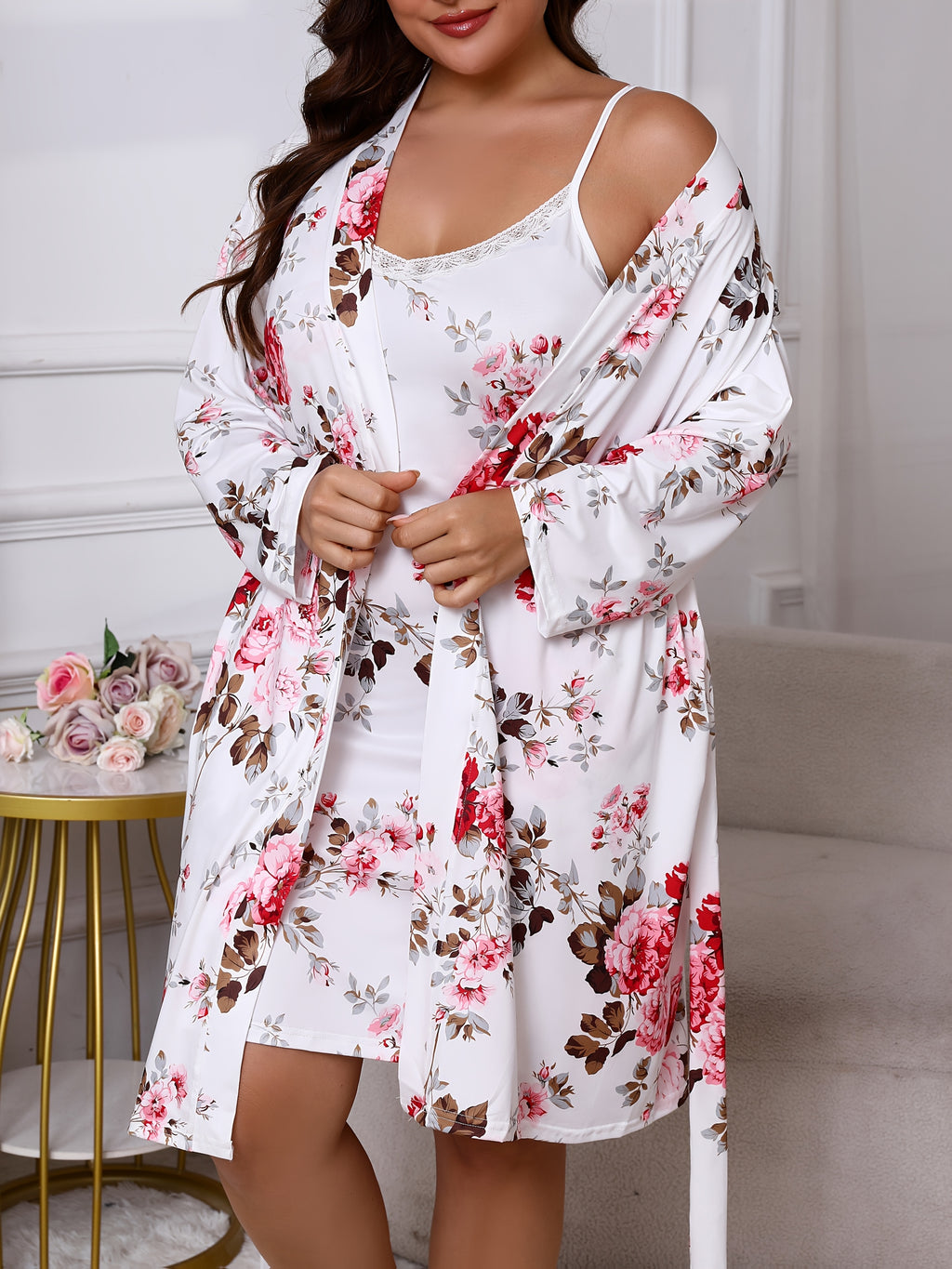 Plus Size Floral Print Sexy Lace Trim Camisole Nightgown with a Matching Tie Robe, a Two-Piece Sleepwear Set.