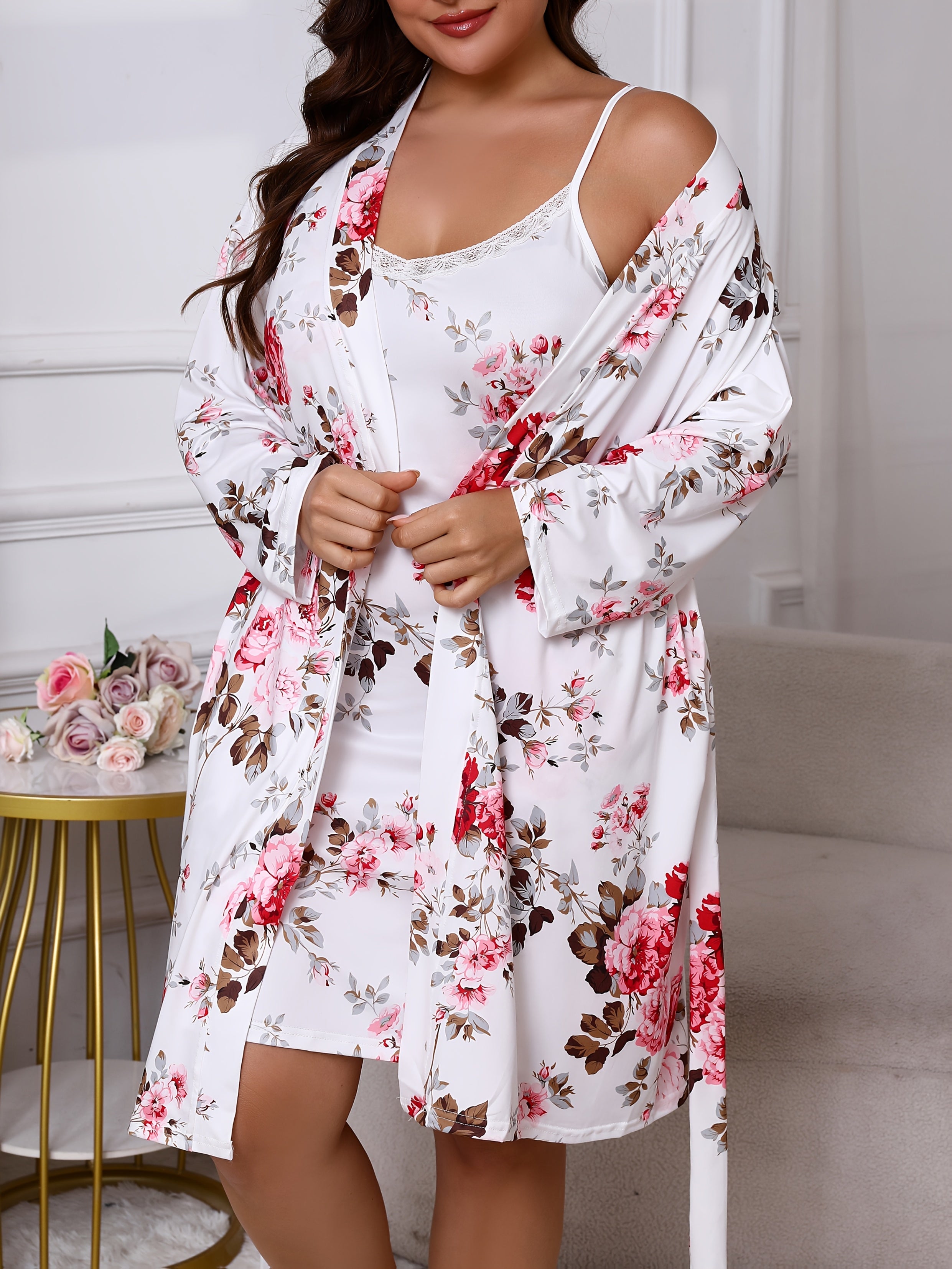 Plus Size Floral Print Sexy Lace Trim Camisole Nightgown with a Matching Tie Robe, a Two-Piece Sleepwear Set.