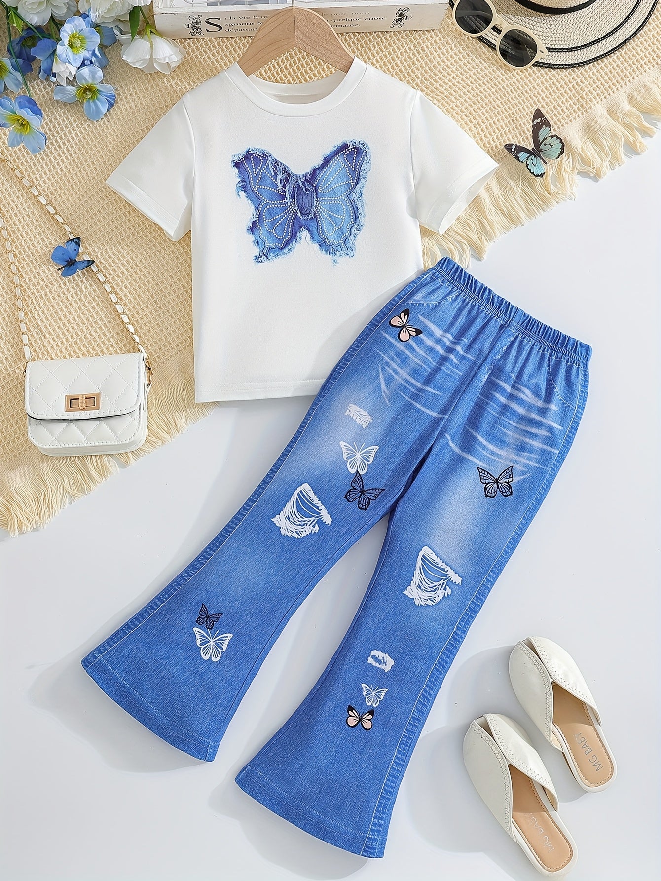 2pcs Little Girl Short Sleeve Butterfly Top and Denim Print Pants Set