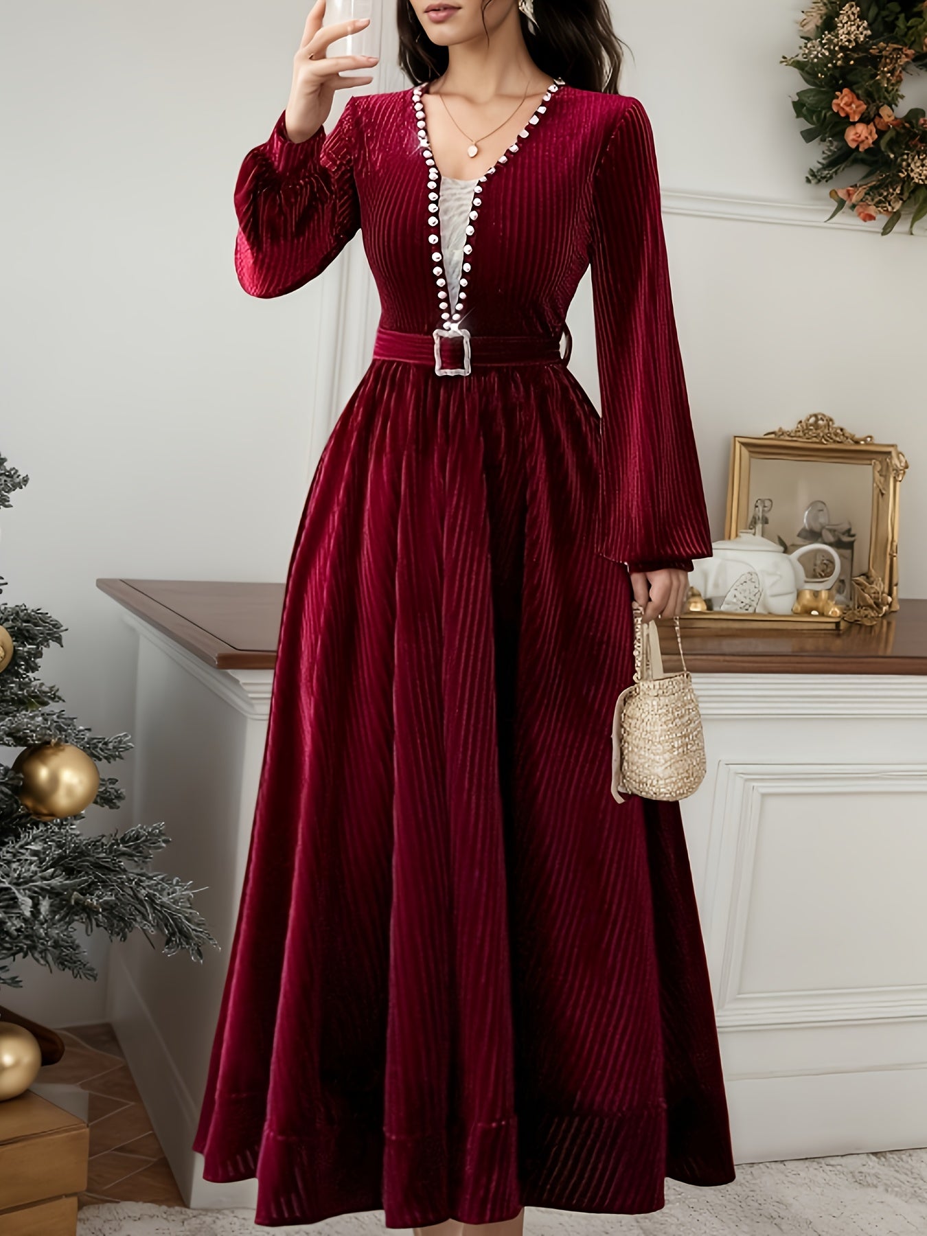 Burgundy Velvet Pearl Dress, Christmas Day, Fall-Winter