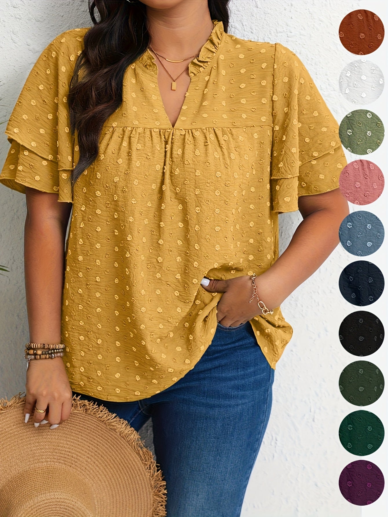 Plus Size Women's Casual V-Neck Blouse with Ruffled Short Sleeves