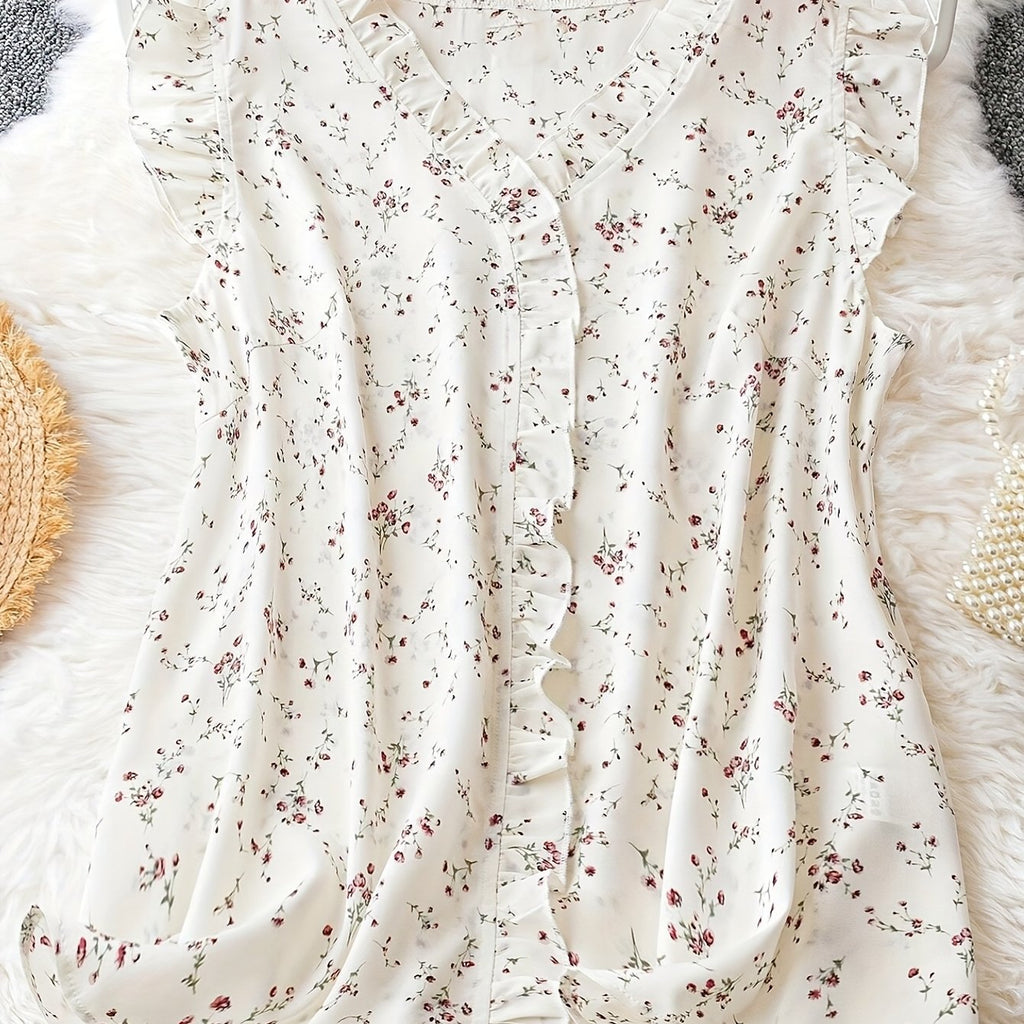 Elegant V-Neck Floral Print Blouse with Ruffled Sleeves