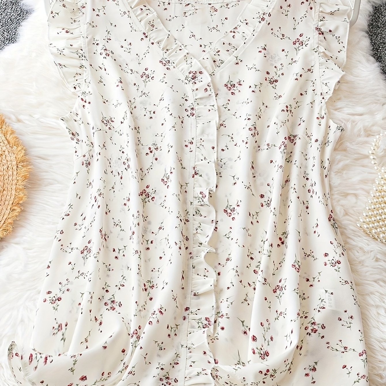 Elegant V-Neck Floral Print Blouse with Ruffled Sleeves