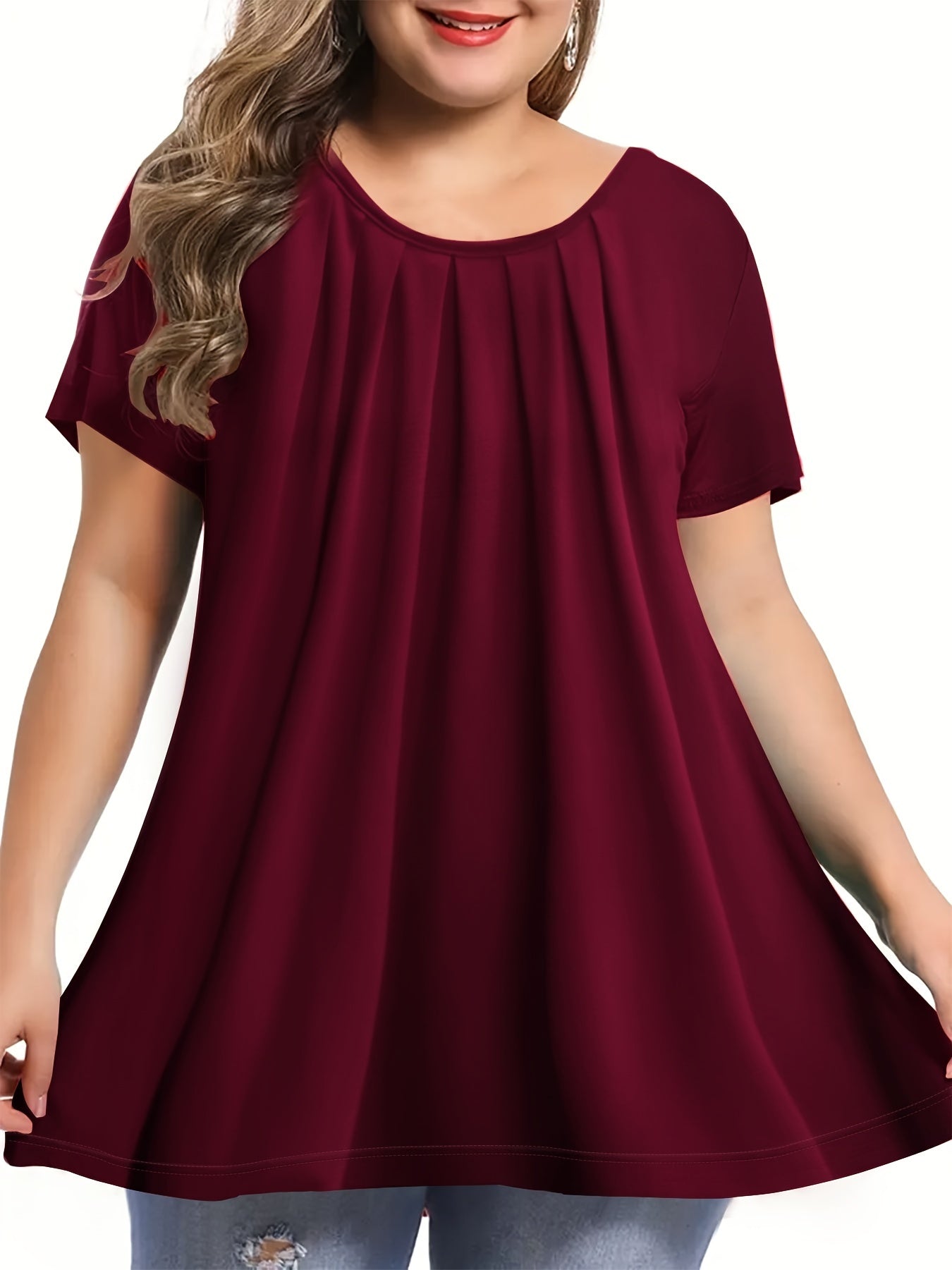 Polyester Elegant Crew Neck Ruched Bust Slight Stretch Knit Fabric Pullovers