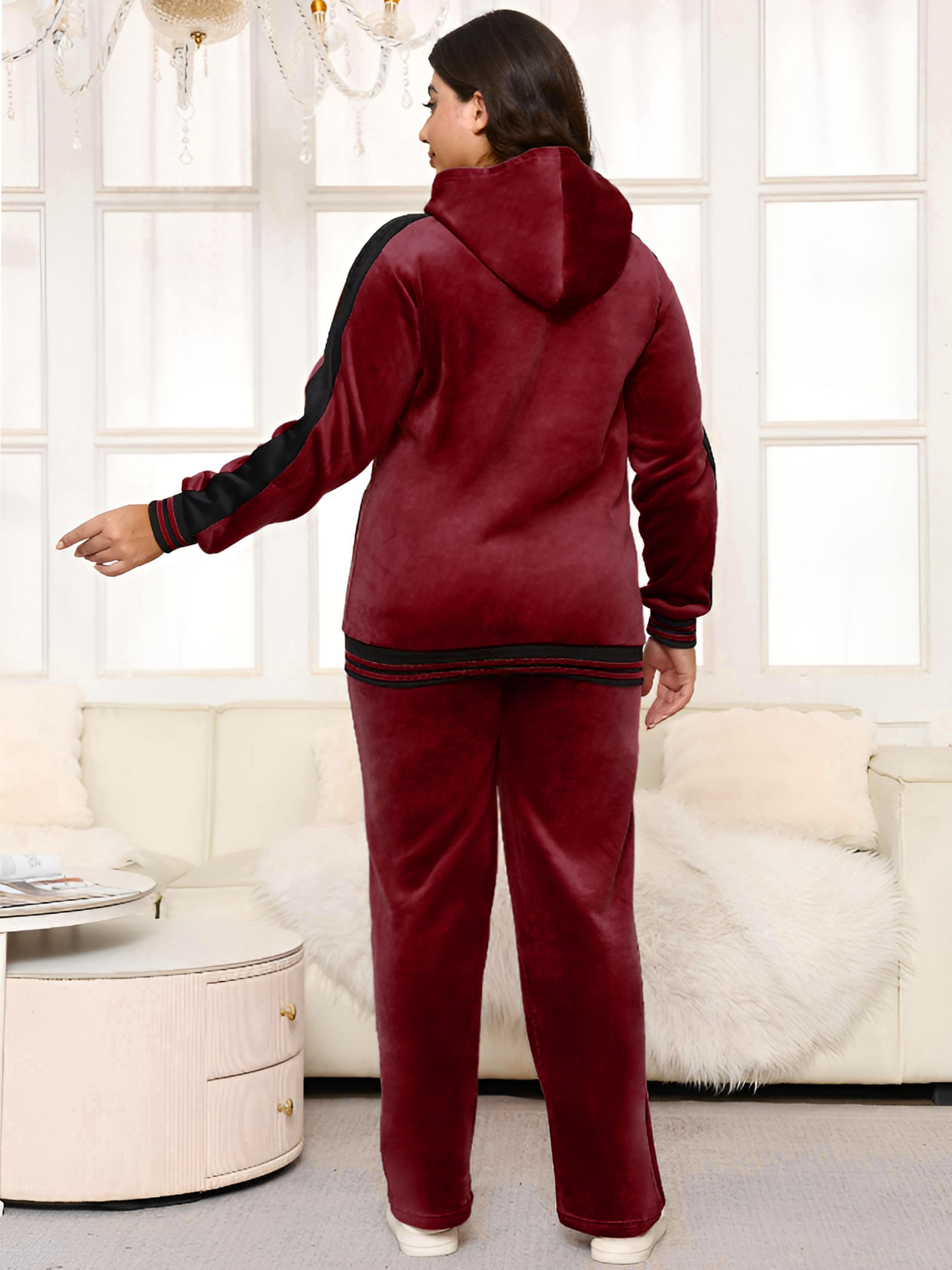 2pcs Women's Plus-Size Thickened Flannel Hooded Pajama Set