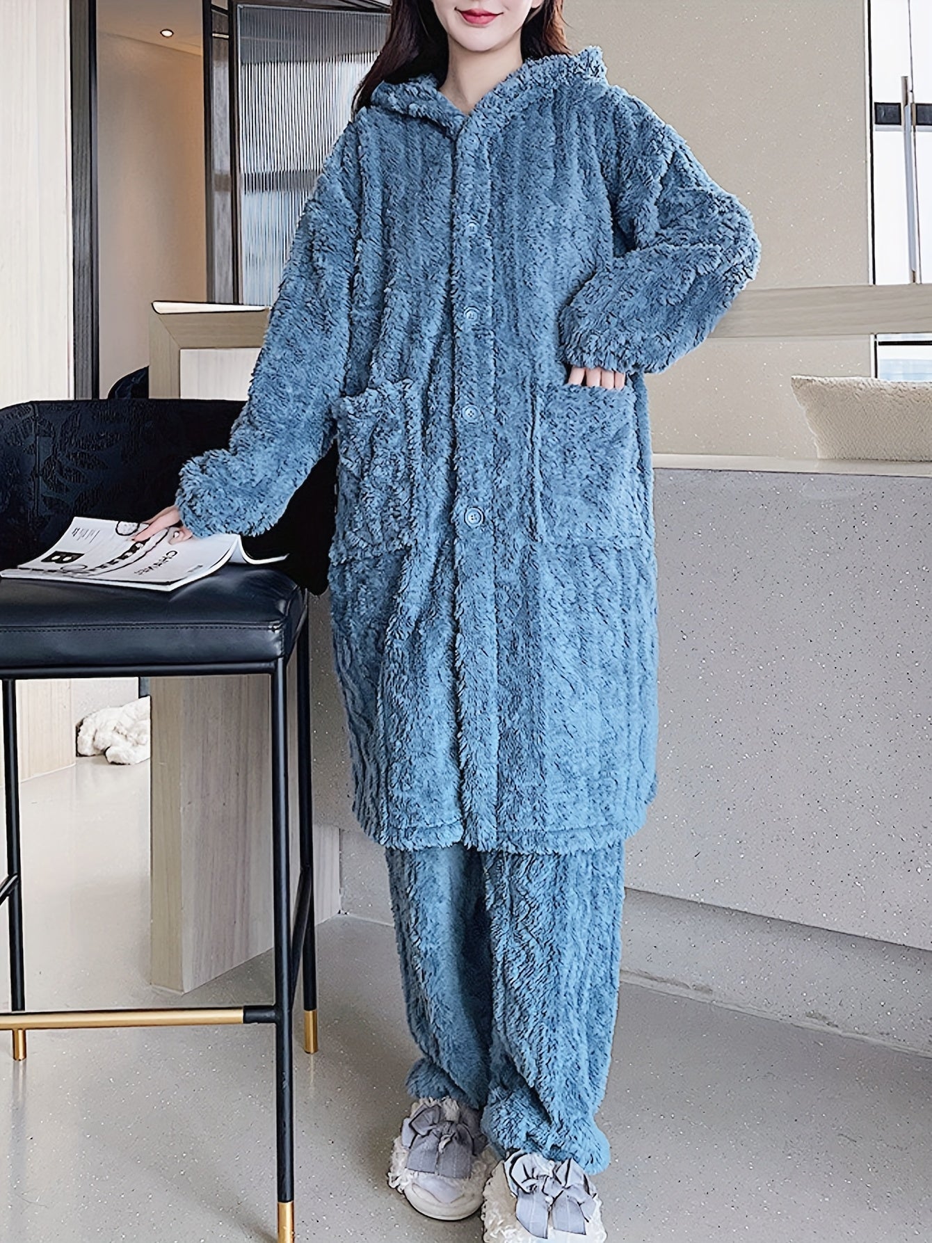 Thick Flannel Pajama Set for Women & Men - Winter Hooded Thermal Sleepwear with Front Button Placket