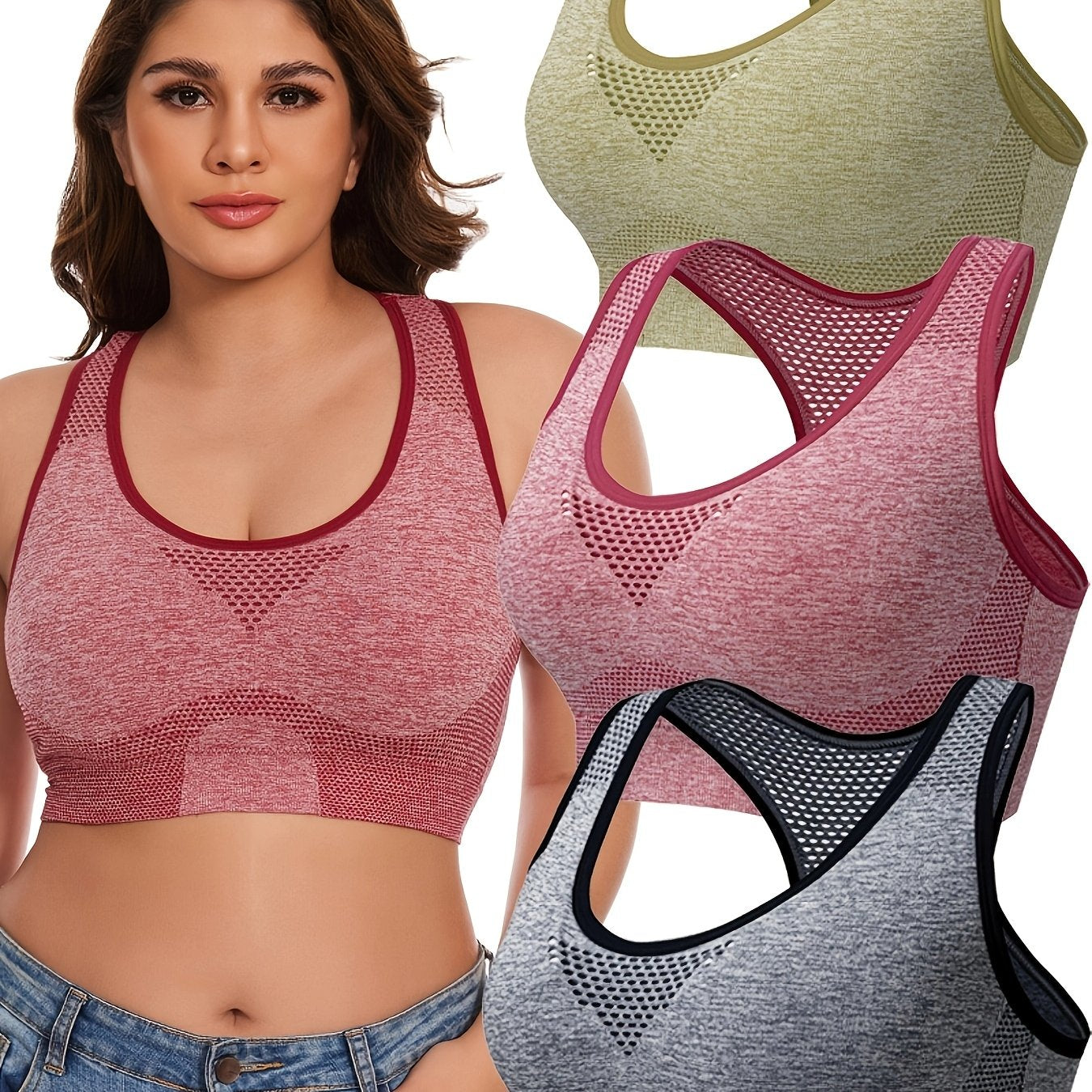 3pcs Plus Size Sports Bras, Polyamide Blend, Hollow Mesh Design, Low Support, Removable Padding, Crew Neck, Medium Stretch, Knit Fabric,