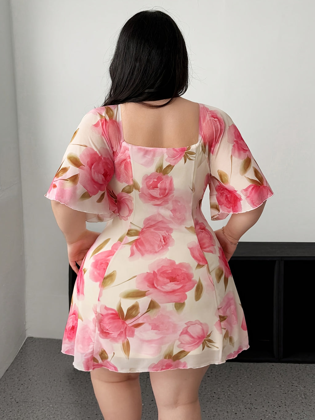 Plus Size Women's Elegant Floral Print Sheer Mesh Dress with Adjustable Tie Waist