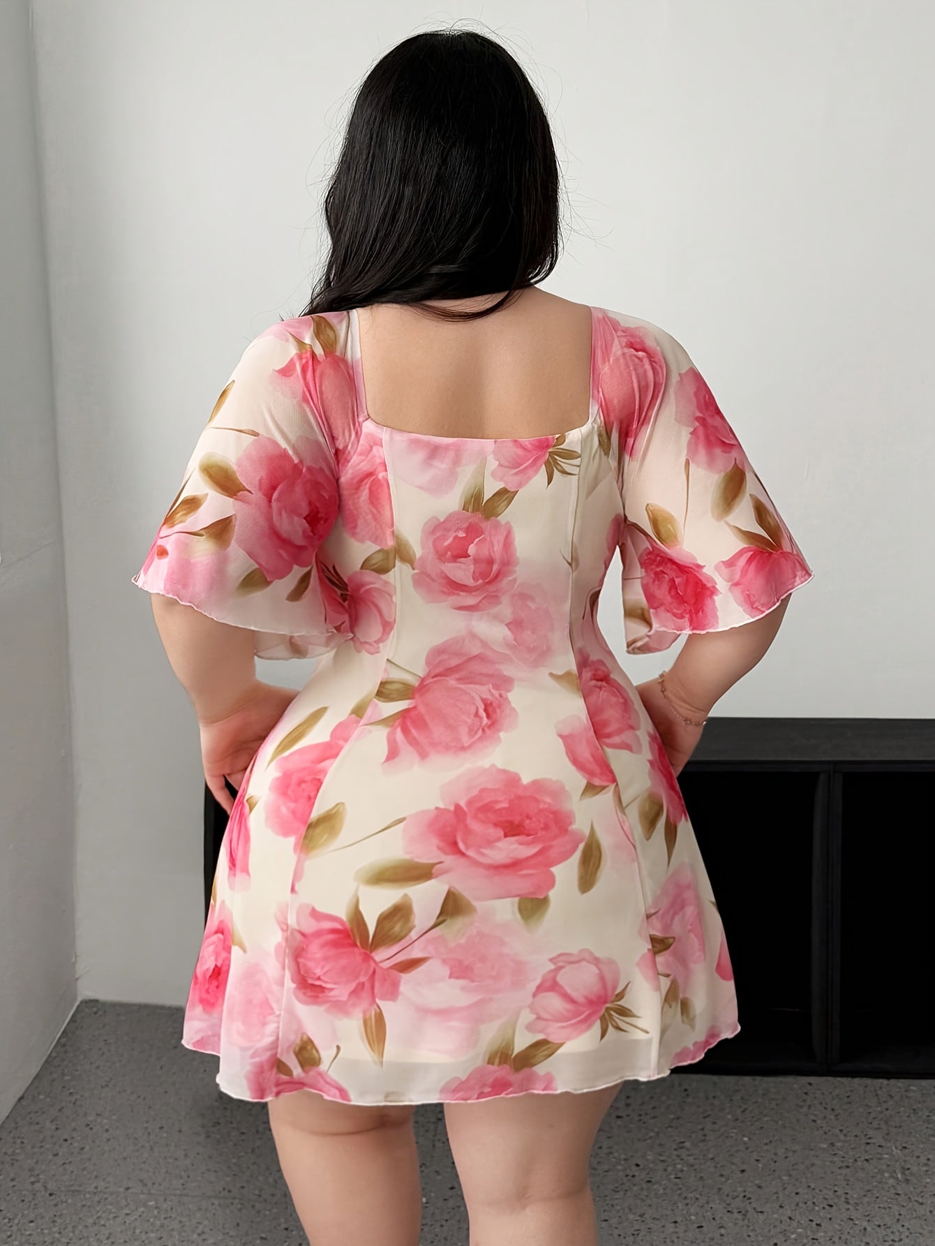 Plus Size Women's Elegant Floral Print Sheer Mesh Dress with Adjustable Tie Waist