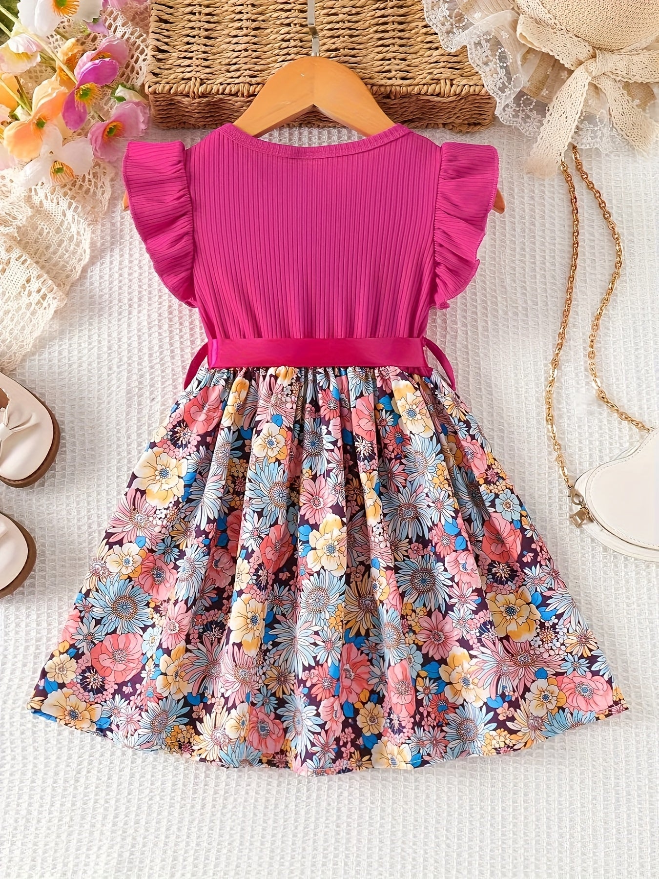 Girls' Floral Print Ruffled Sleeve Dress with Ribbon Belt