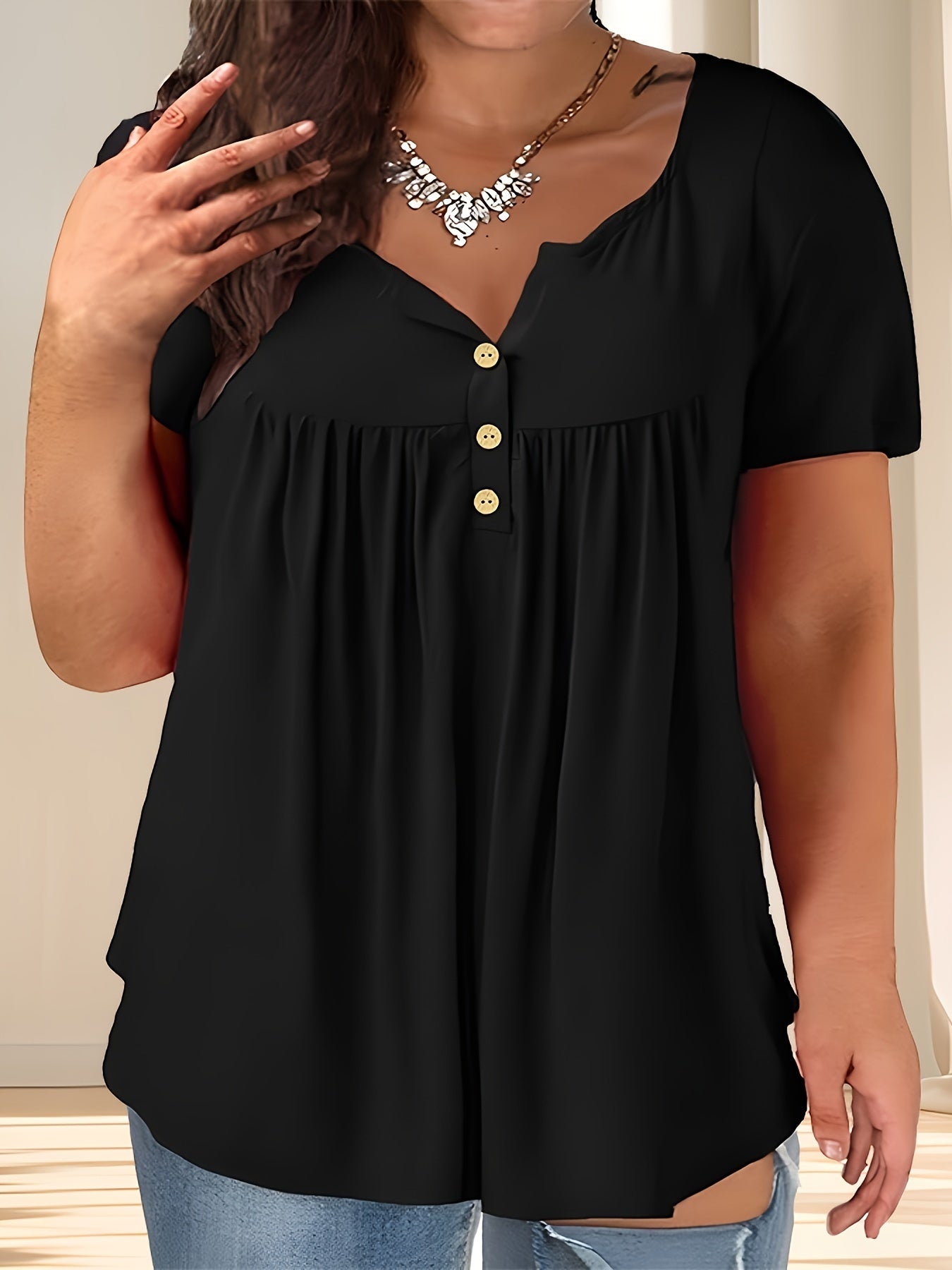 Women'S Plus Size Casual Buttoned Pleated T-Shirt, Summer Knit Fabric Top, Crew Neck, Solid Color, Slight Stretch, Oversized Pullovers,