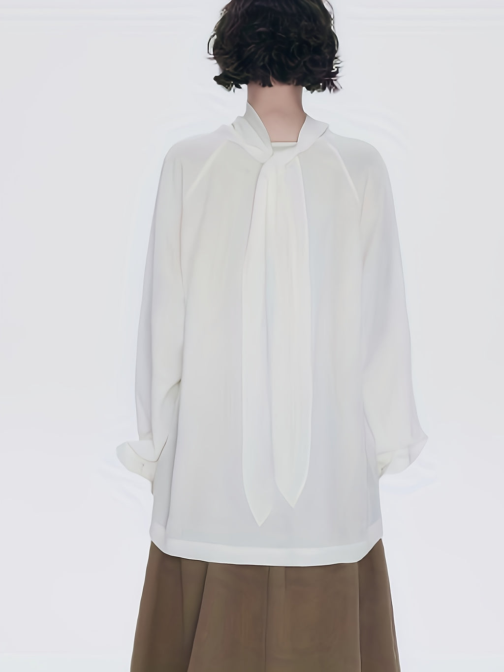 White Scarf Collar/Bow Tie Shirt - Long Sleeve Loose Fit Button- Blouse