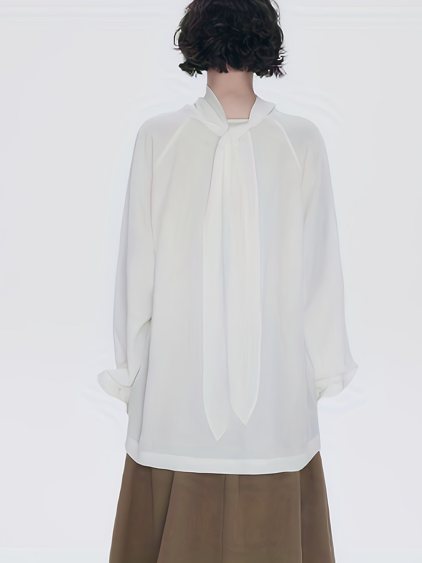 White Scarf Collar/Bow Tie Shirt - Long Sleeve Loose Fit Button- Blouse