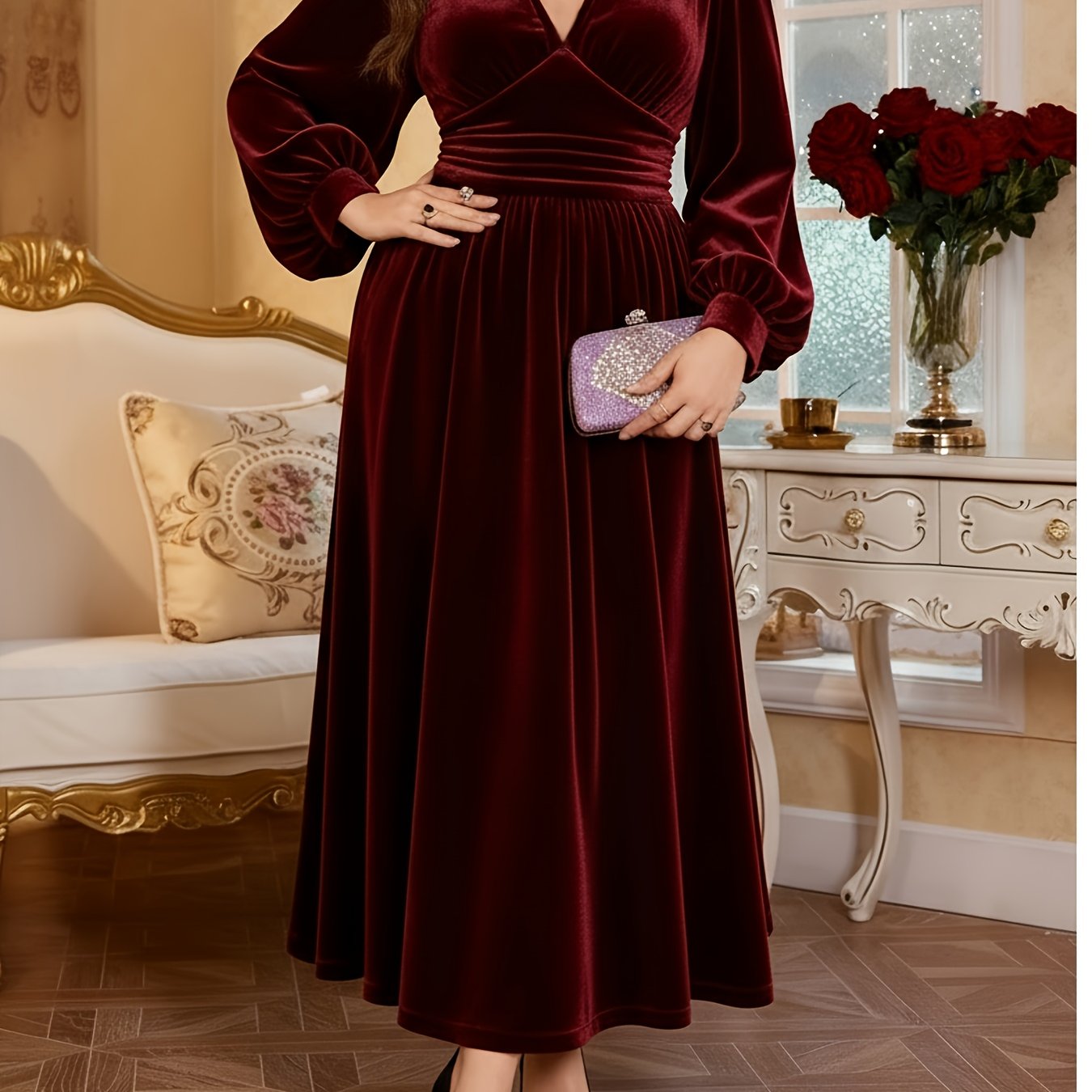 Women's Elegant Plus-Size Casual Velvet Dress for Christmas, Autumn, And Winter Warmth, Romantic Everyday Wear
