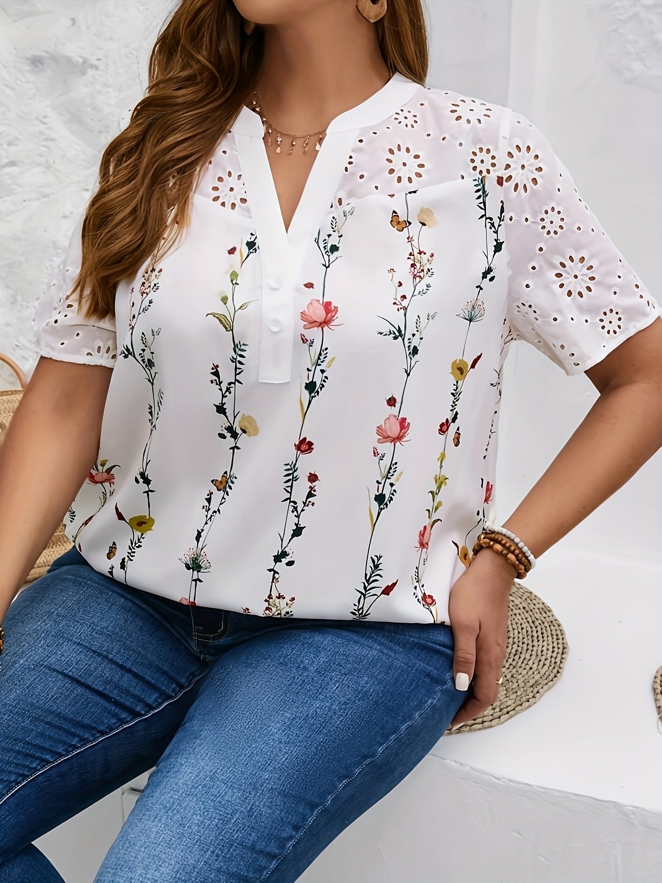 Plus Size Floral Print Button Blouse - Elegant Short Sleeve Top with Relaxed Fit