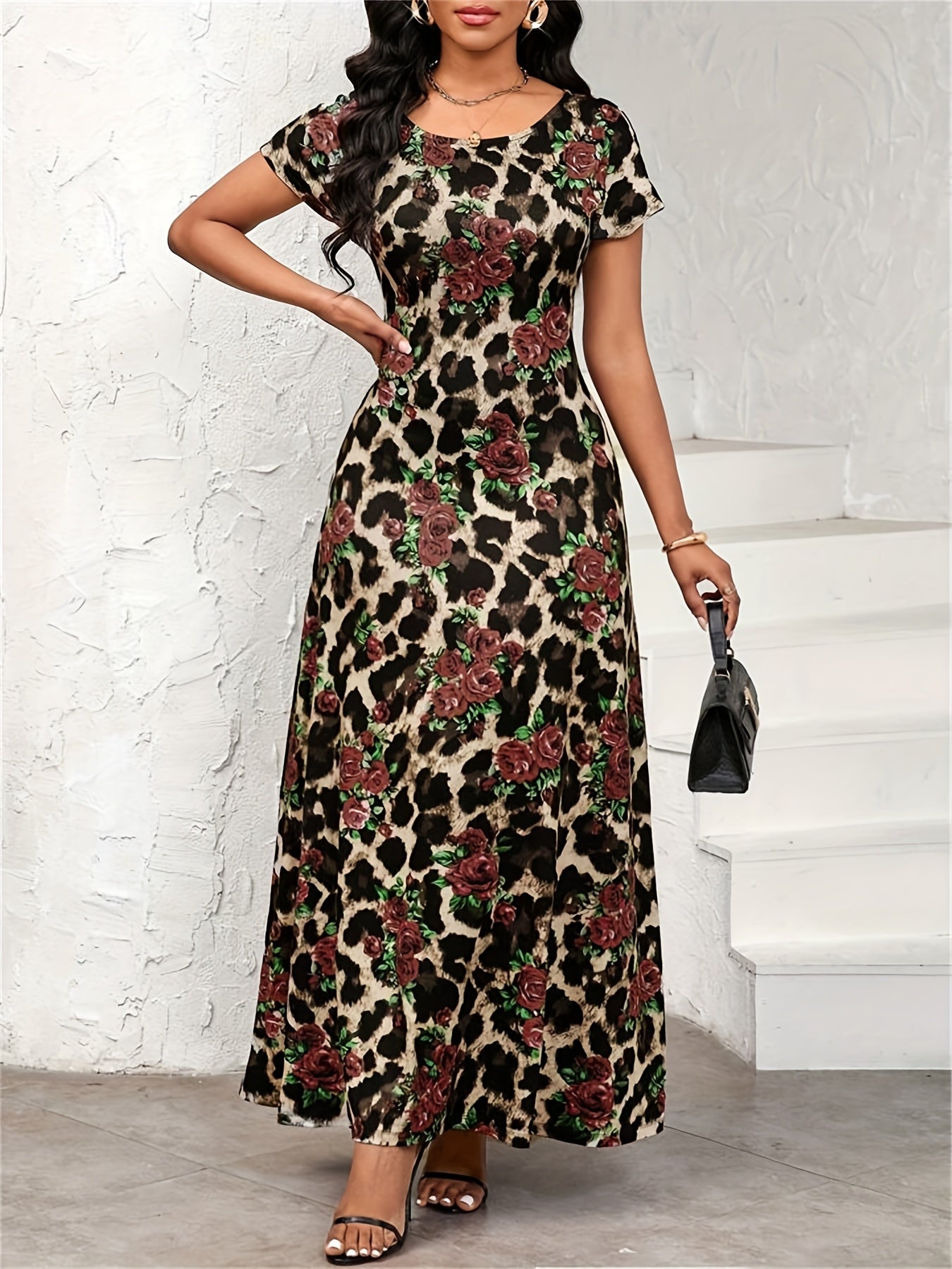 Women's Elegant Leopard Floral party dress - Flared A-Line skirt