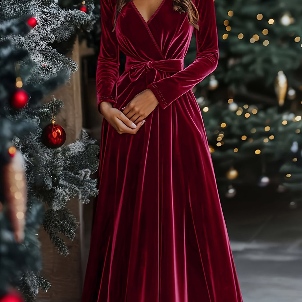 Women's Elegant Long Vintage V-Neck Dress with Belted Bow Christmas Day and all Party