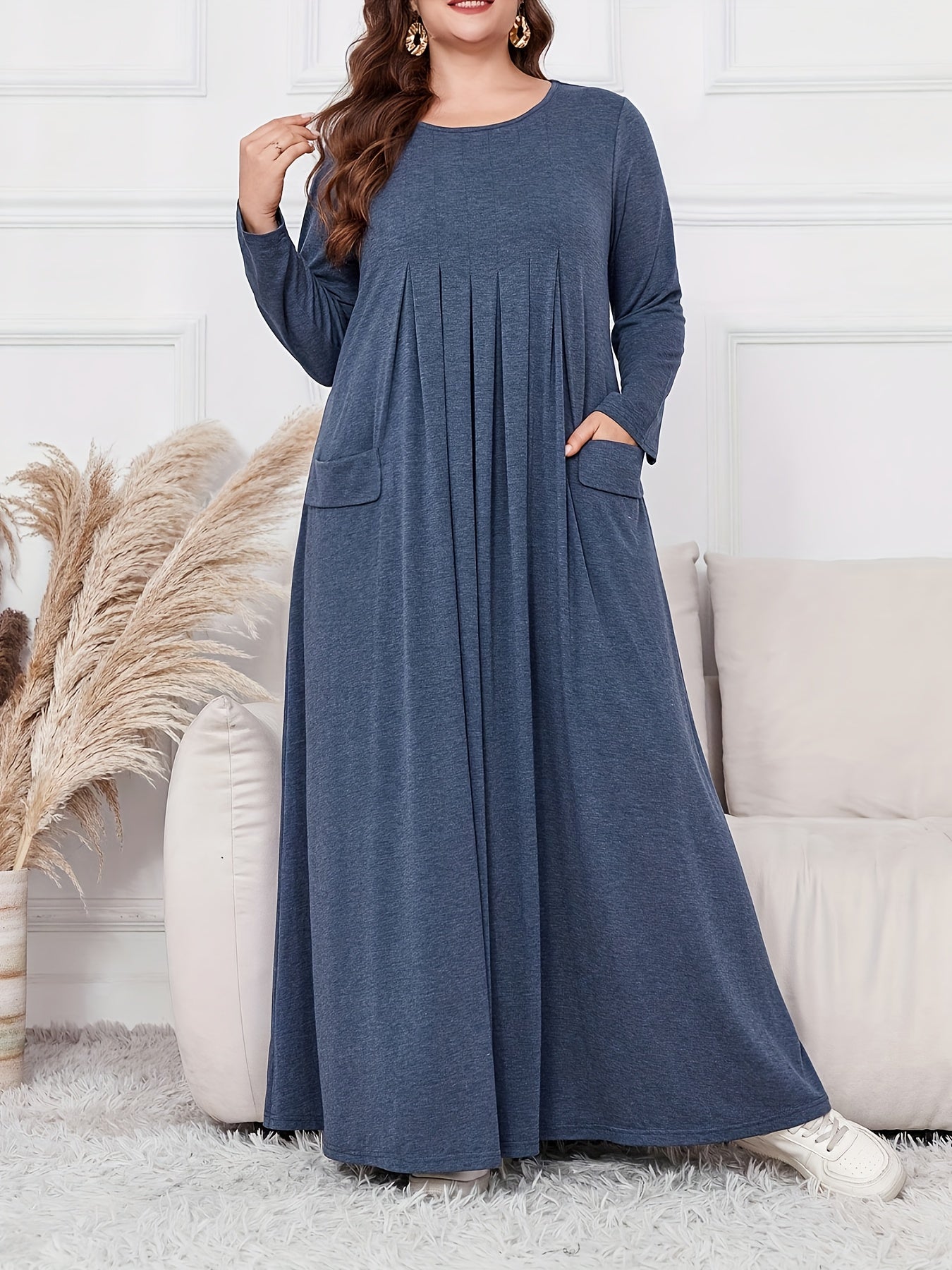 Elegant Plus Size Women's Long Sleeve Maxi Dress - Loose Fit