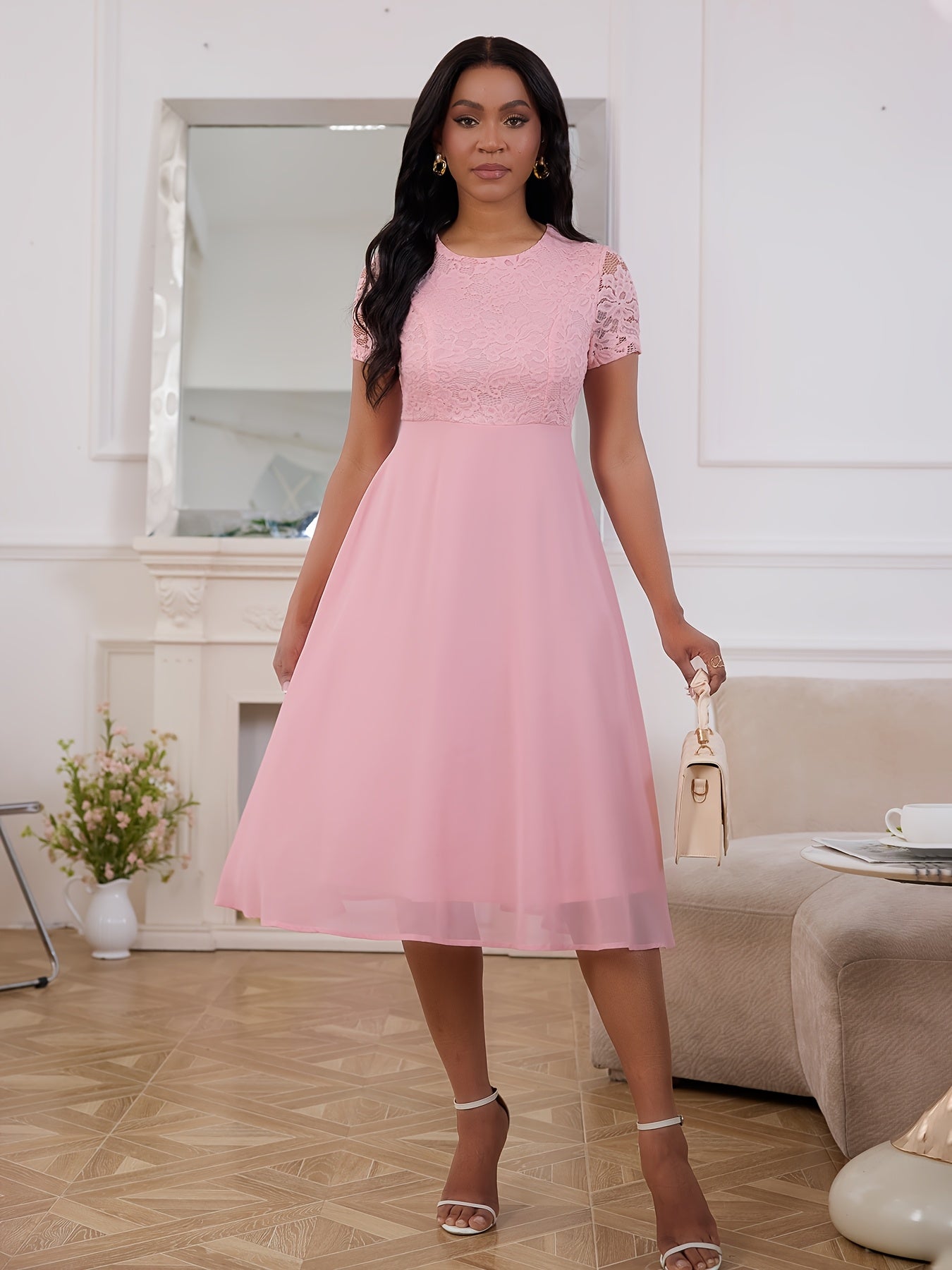 Polyester Elegant Pink Lace Midi Dress