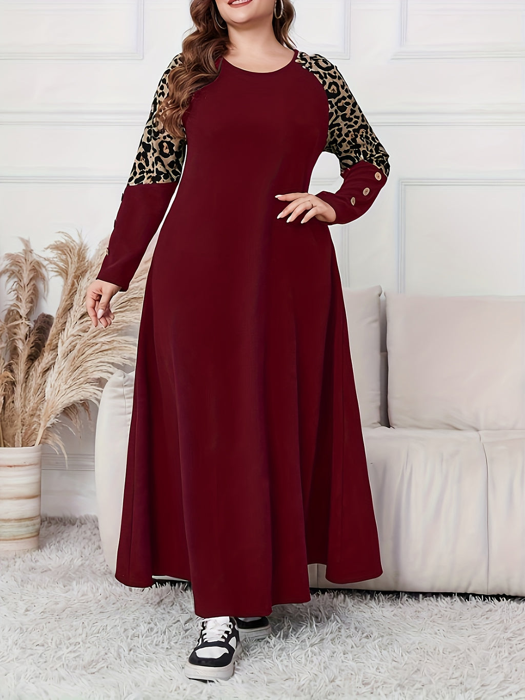 Women's Plus Size Elegant Leopard Print A-Line Maxi Dress with Swing Waist