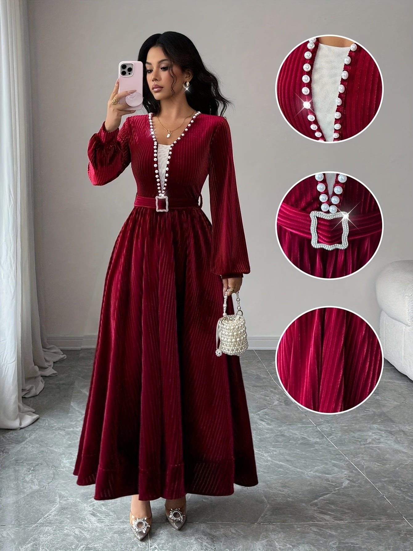Burgundy Velvet Pearl Dress, Christmas Day, Fall-Winter