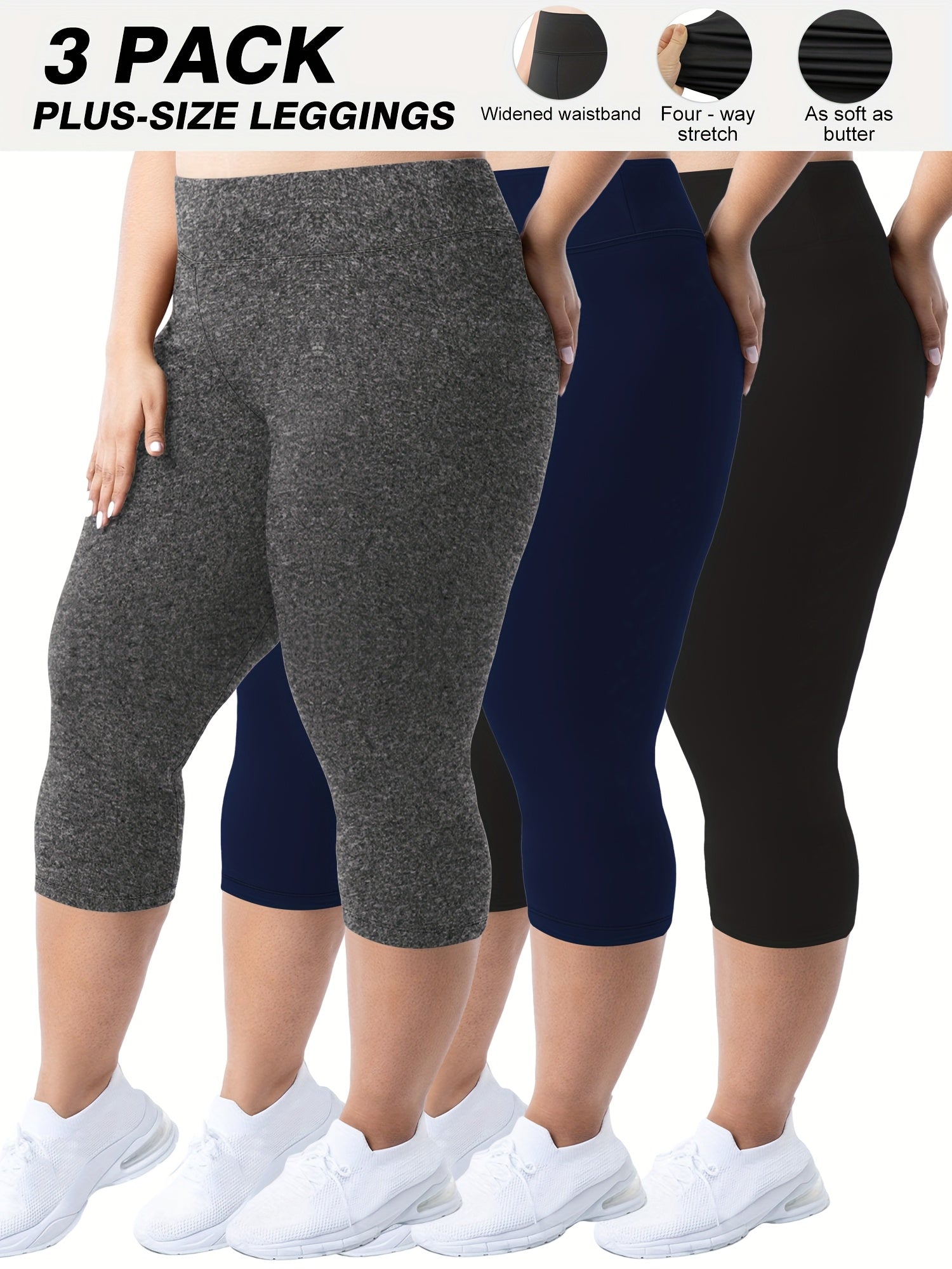 Plus Size - 3pcs High-Waist Capri Leggings for Women