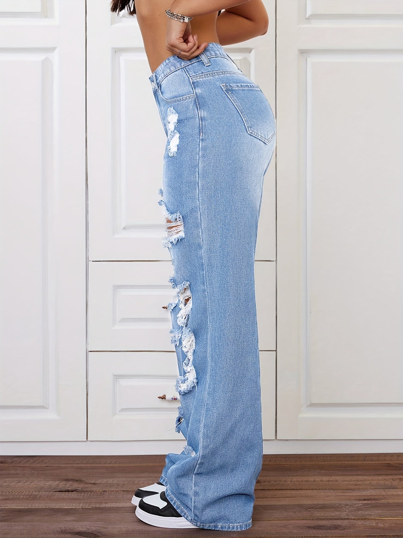 Light Blue Ripped Straight-Leg Long Pants