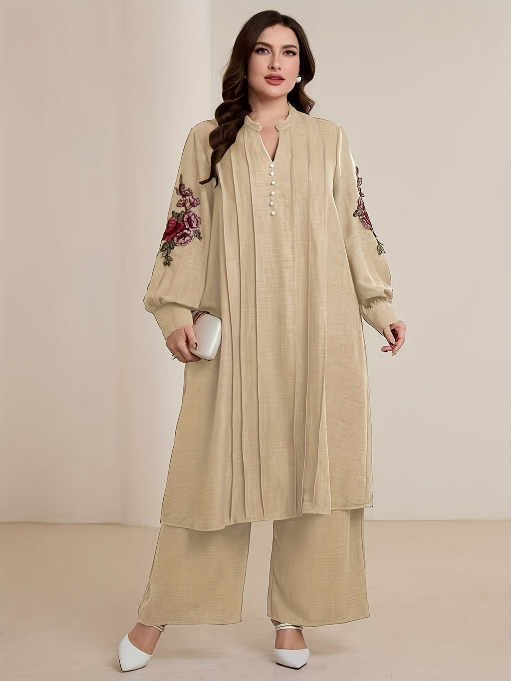 Plus Size Women's Elegant Embroidered V-Neck Long Sleeve Dress and Loose Pants Two-Piece Set