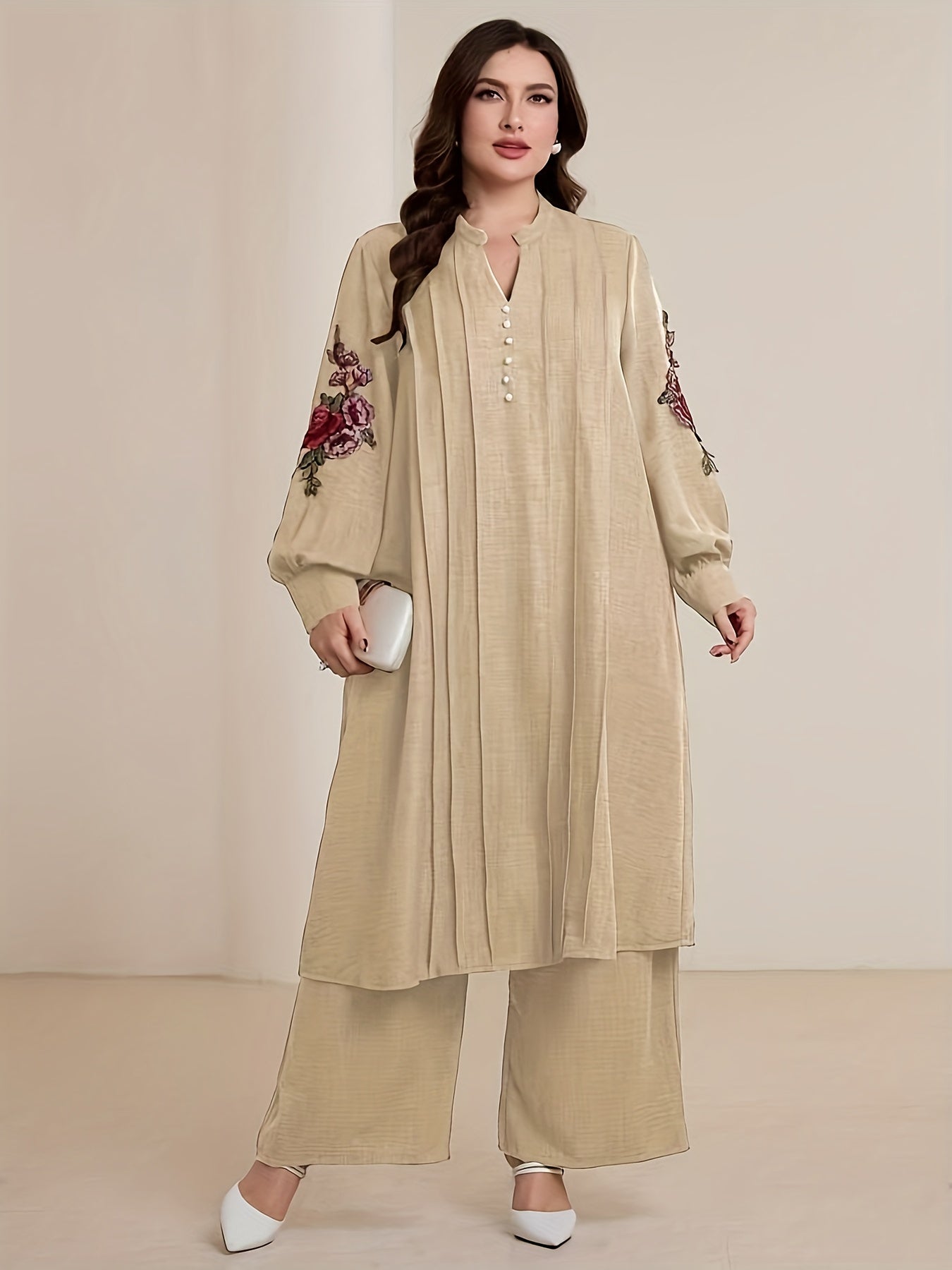 Plus Size Women's Elegant Embroidered V-Neck Long Sleeve Dress and Loose Pants Two-Piece Set