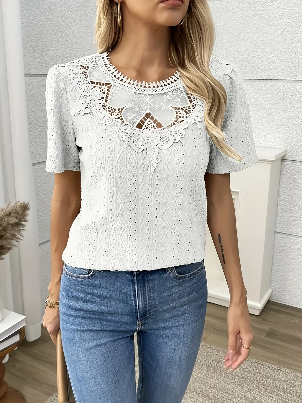 French-Inspired Floral Embroidery Lace Trim Short Sleeve Blouse