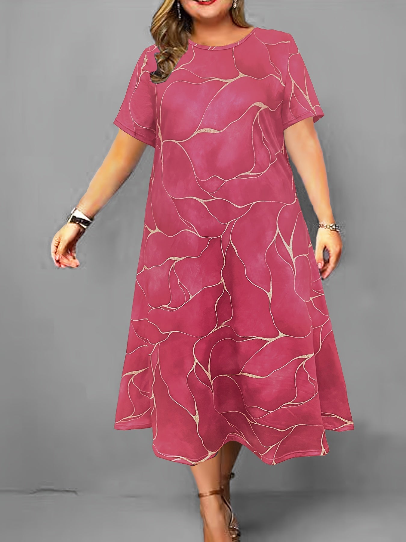 Round Neck Loose Short Sleeve Printed Dress