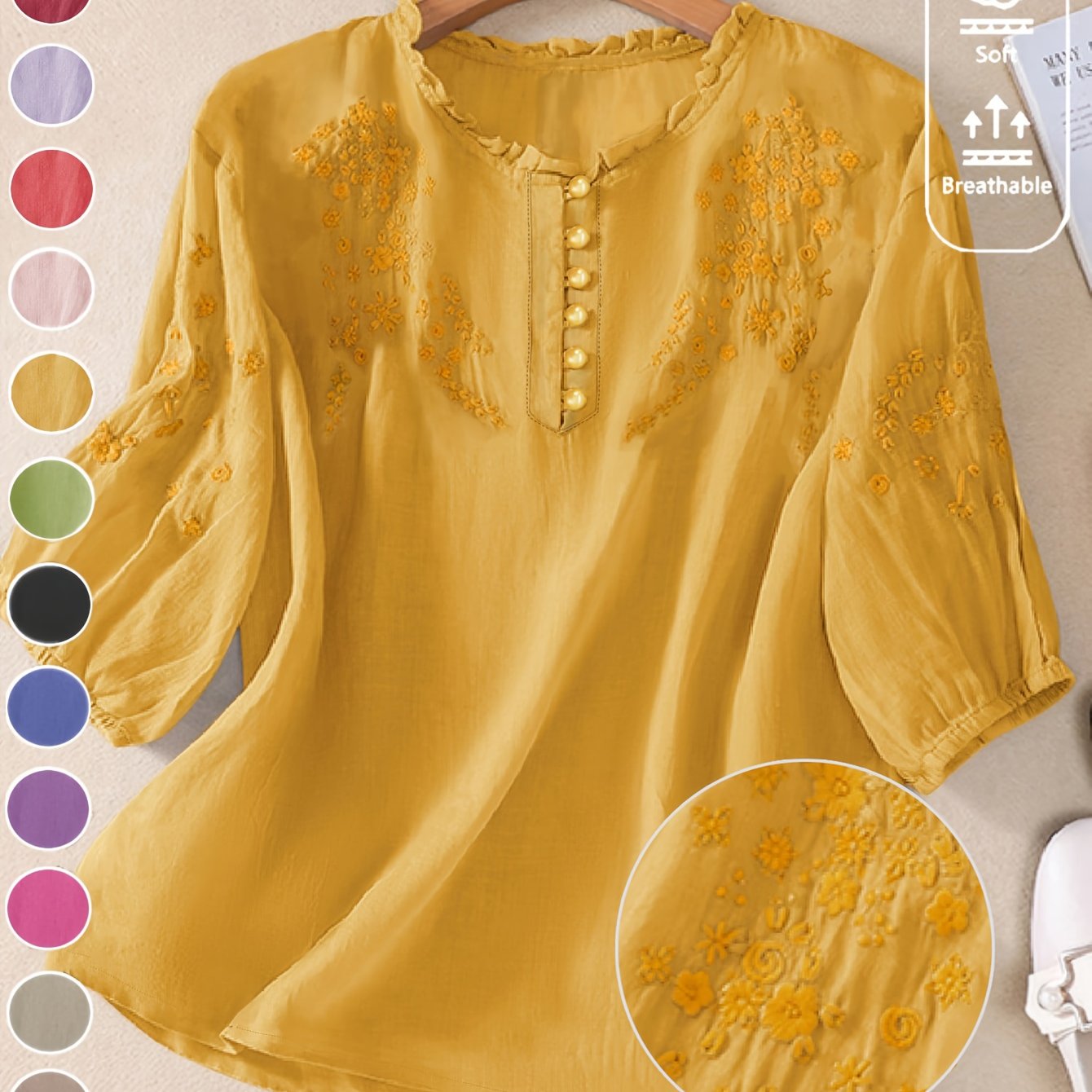 Women's Spring/Summer Embroidered Loose Fit Retro Mid-Sleeve Blouse