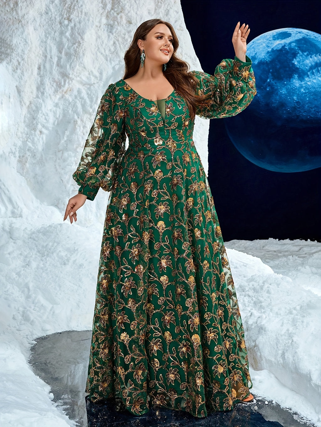 Women's Plus Size Elegant V-Neck Lantern Sleeve Maxi Dress