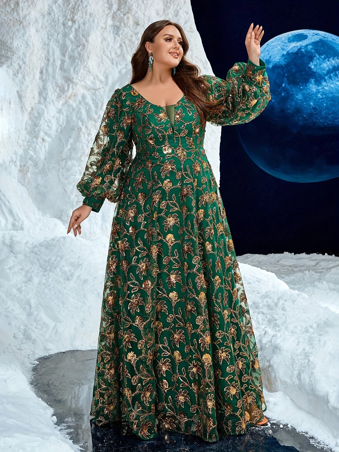 Women's Plus Size Elegant V-Neck Lantern Sleeve Maxi Dress