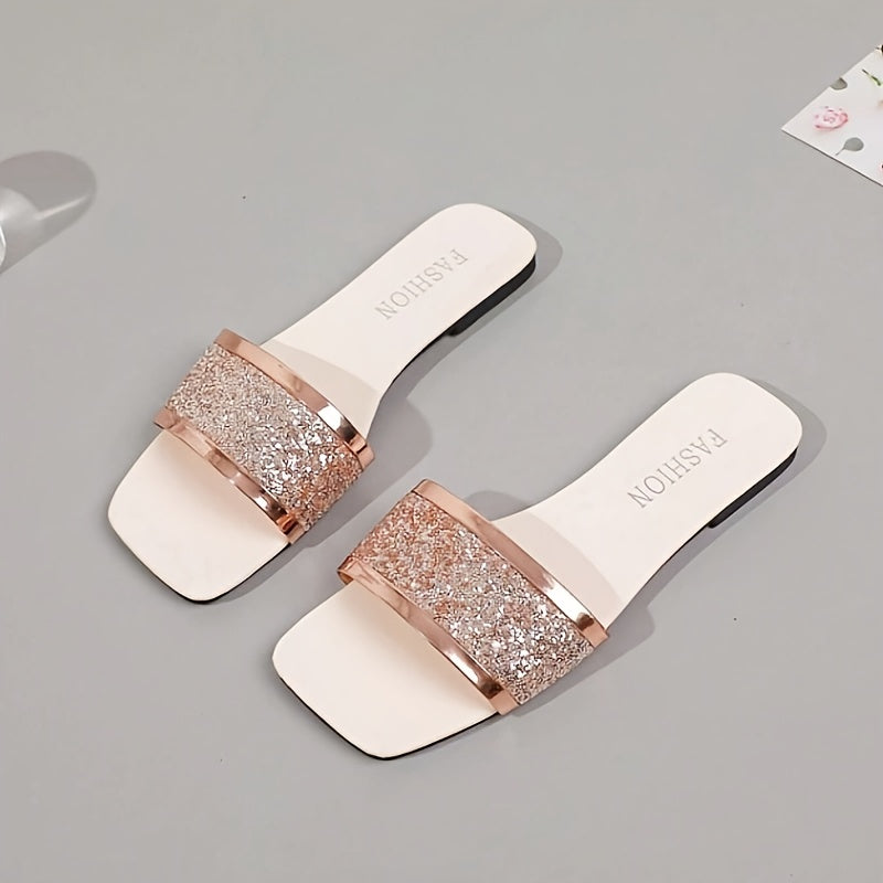 Women's Slip-On Flat Sandals with Golden-Rimmed Embossed Design