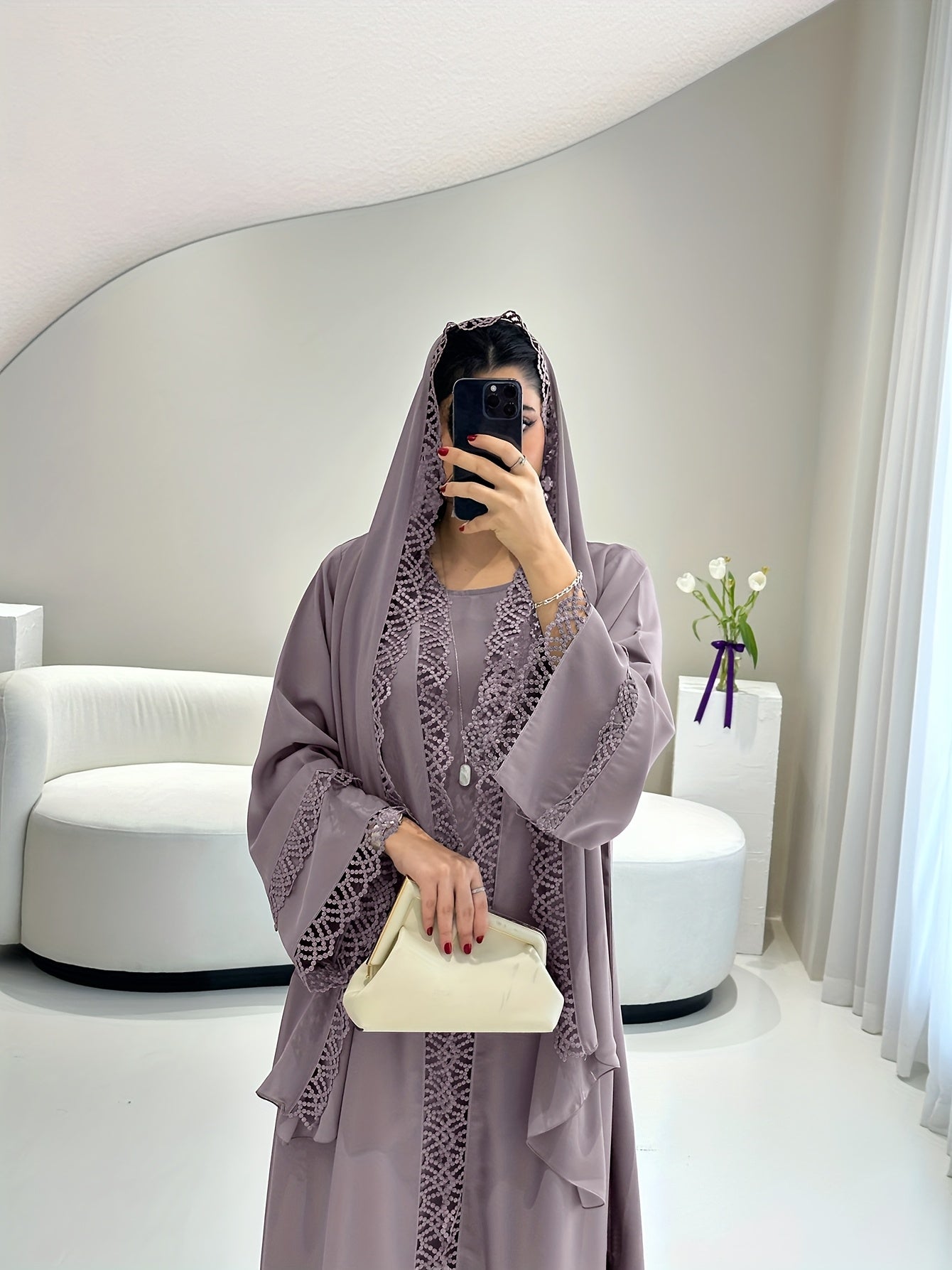 2pcs Set with Lace Trim Muslim Kaftan