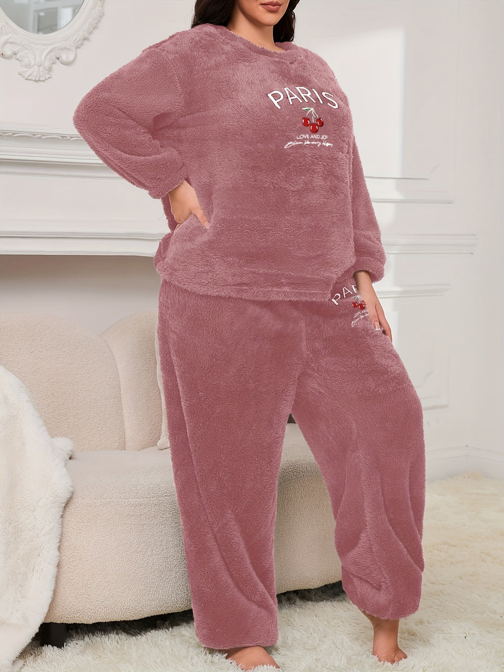 Women's Pajama Set with Letter and Cherry Print, Thickened Warm