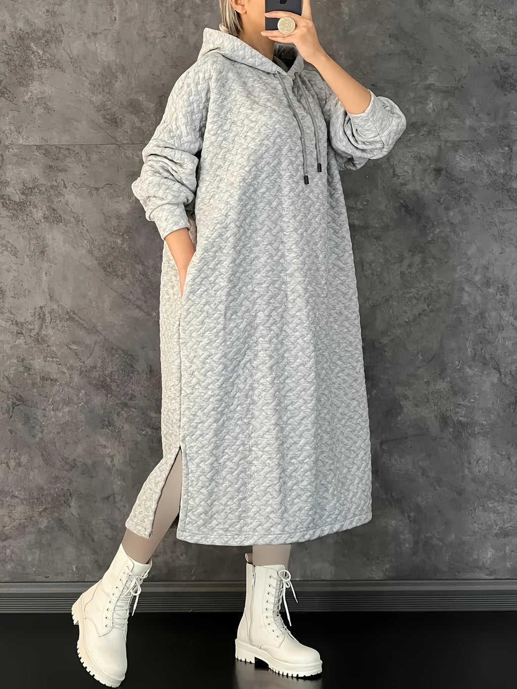 Women's Casual Hooded Long Sleeve Dress with Pockets - Solid Color