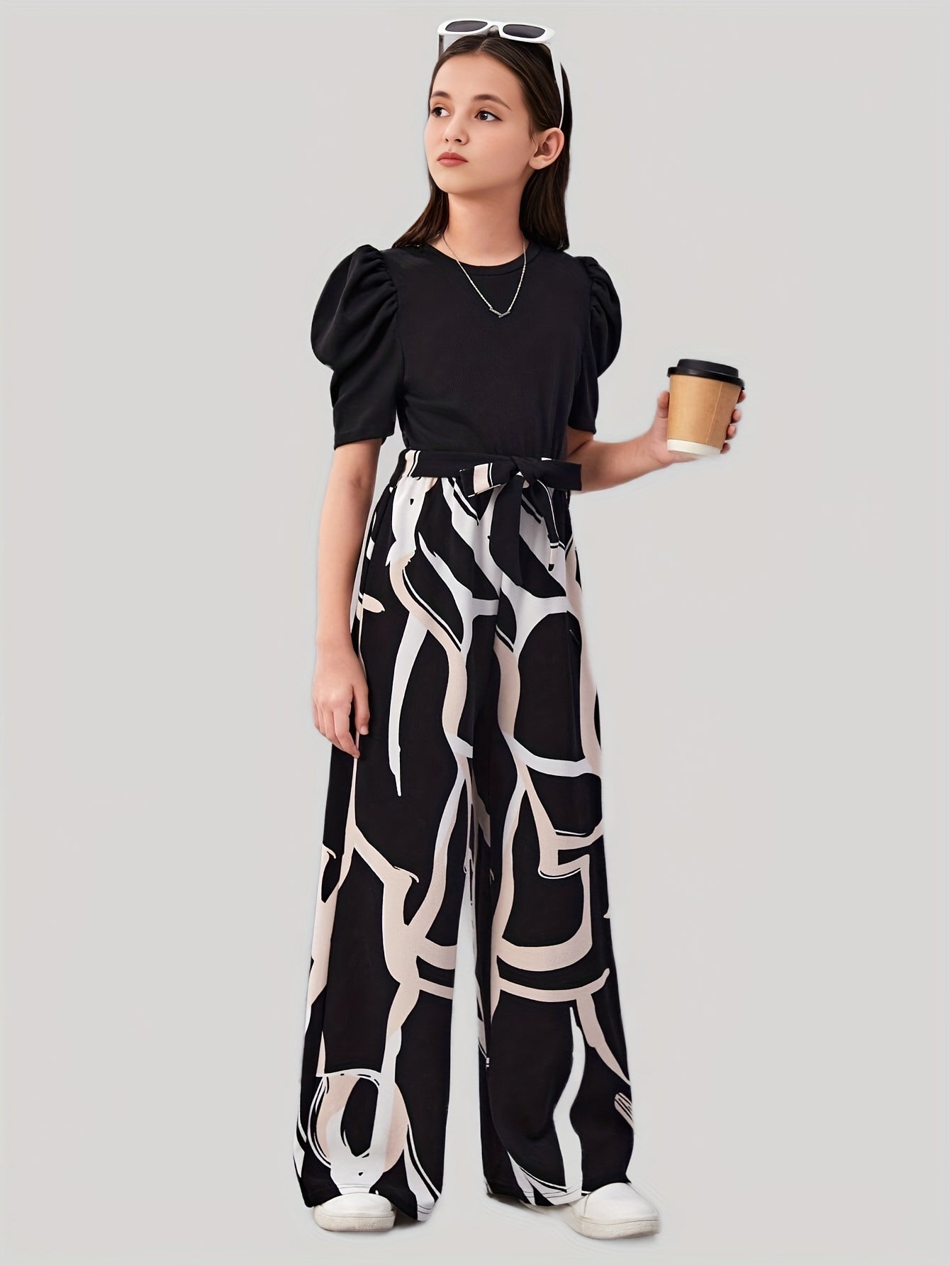 Girl's Casual Tie-Dye Wide-Leg Culottes - Black & White