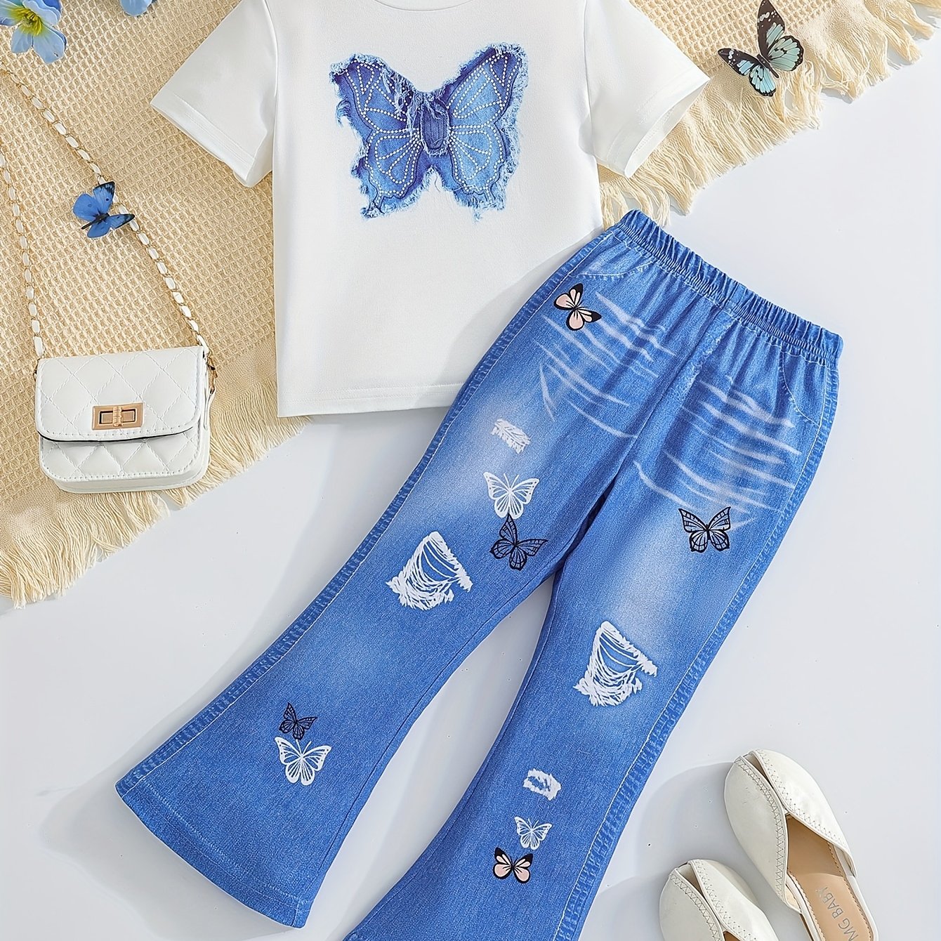 2pcs Little Girl Short Sleeve Butterfly Top and Denim Print Pants Set