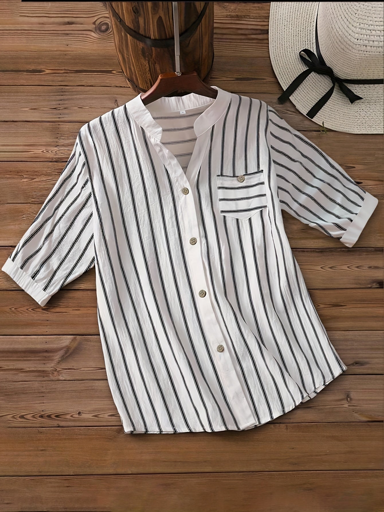 Women's Casual Business V-Neck Button-Up Shirt - Short Sleeve Striped Blouse with Chest Pocket