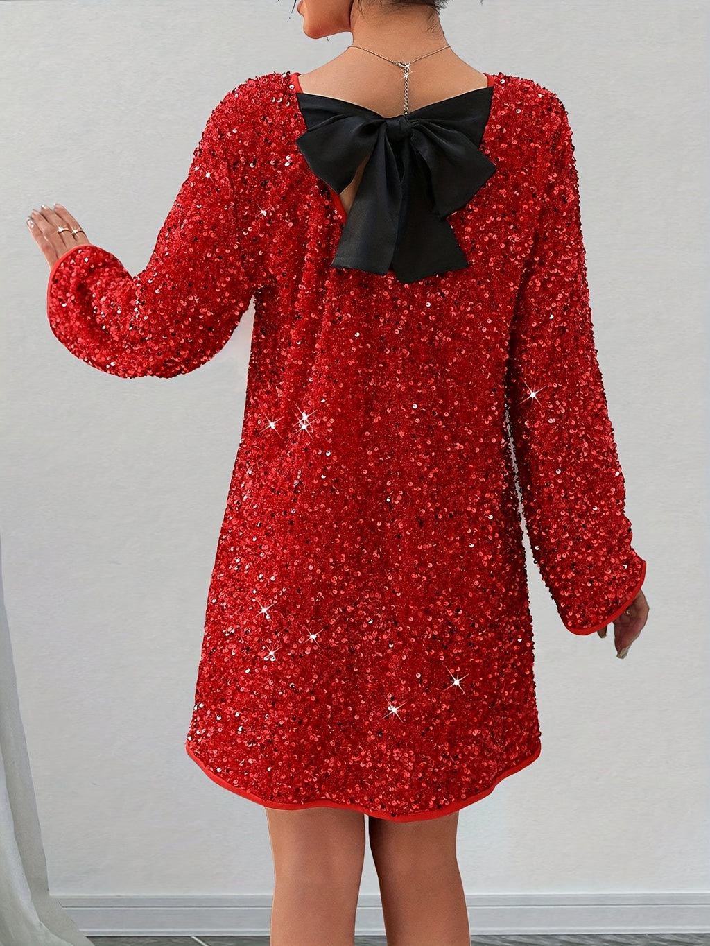 Plus Size Women's Elegant Sequined Bow-Knot Christmas Party Dress New Year and Parties