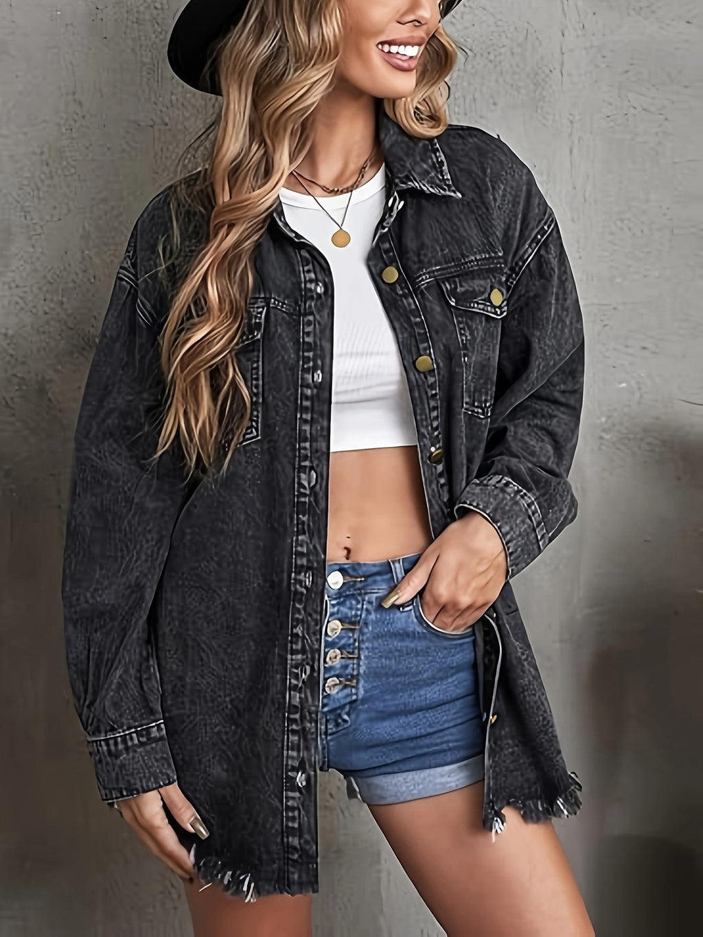 Women Oversize Washed Denim Jacket Long Sleeve Outwear Classic Loose Jean