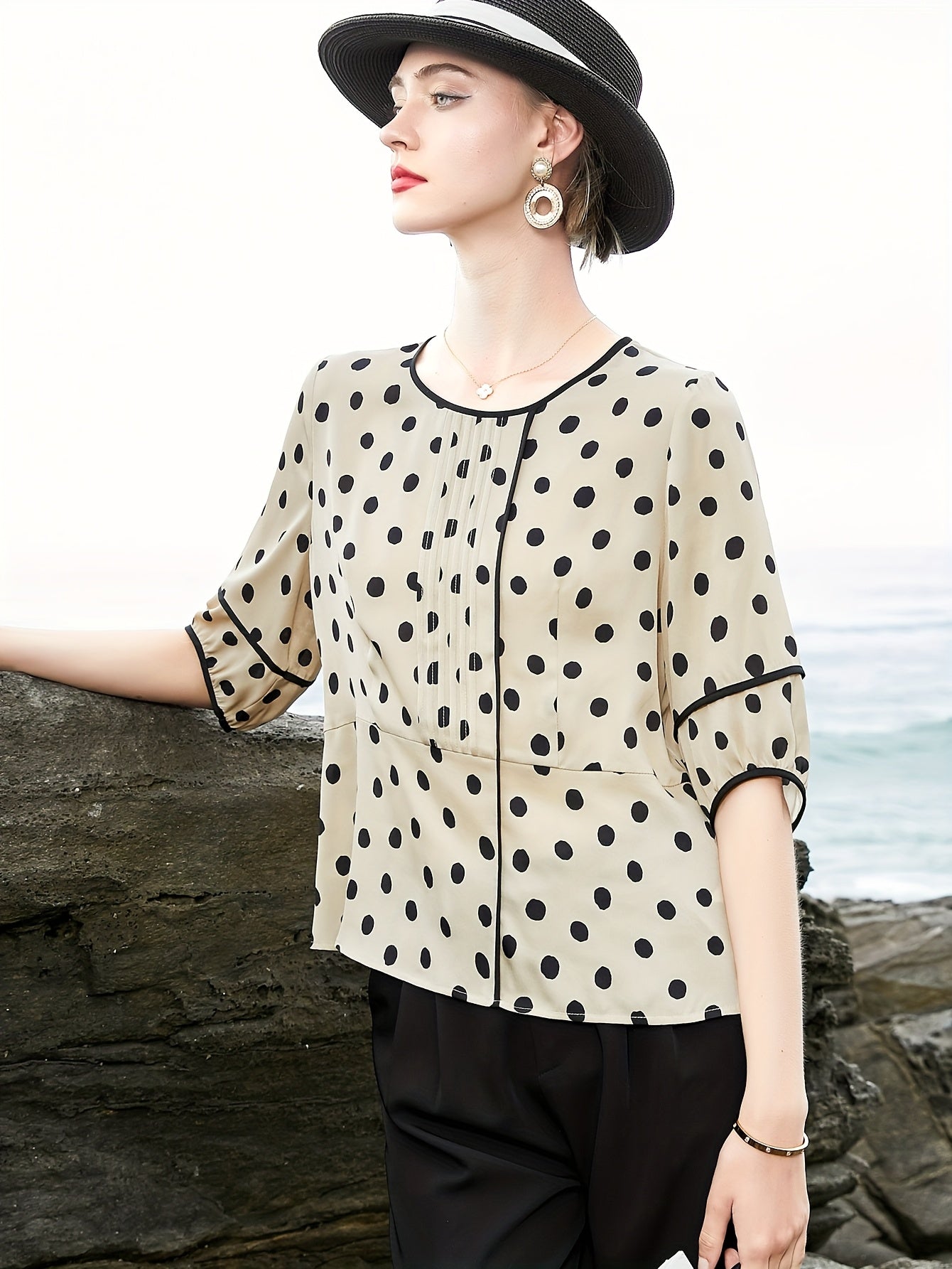 Women's Short Sleeve Blouse - Chic Polka Dot Asymmetrical Hem Round Neck Top