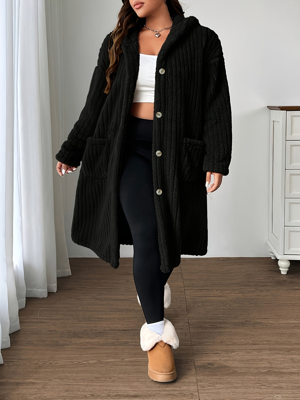 Plus-Size Women's Hooded Long-Sleeve Plush Coat